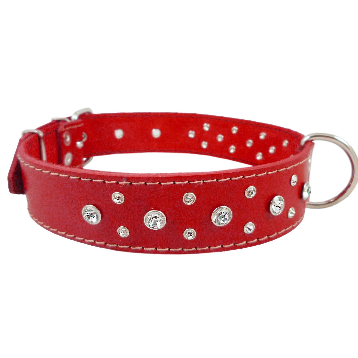 Dogs My Love Genuine Red Leather Rhinestone Dog Collar 1.6x27 Fits 19"-24" Neck