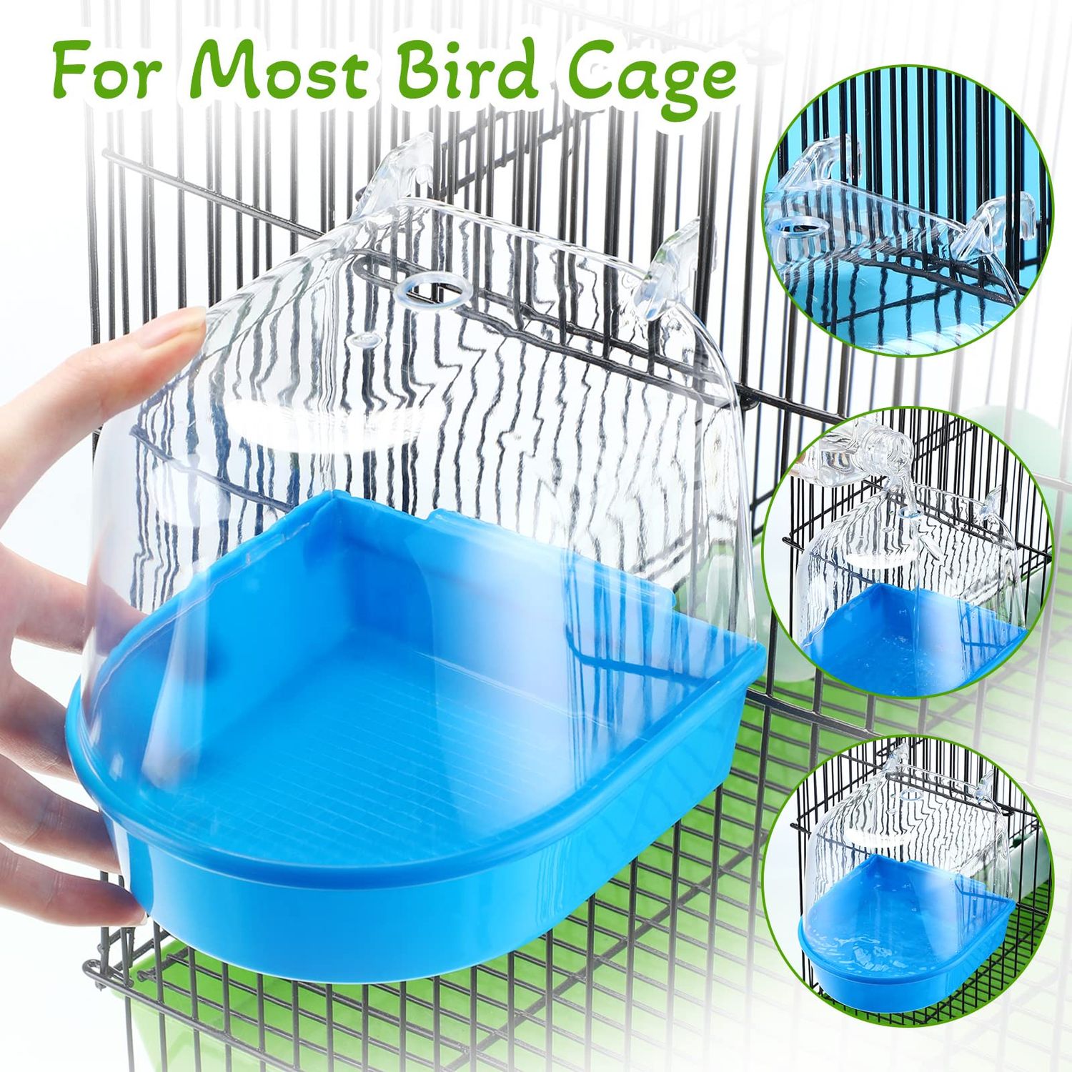 3 Pieces Clear Bird Bath for Cage Parakeet Bird Cage Accessories Hanging Bath Box Parrot Bathing Tub with Clear View for Cockatiel Conure Canary Budgies Parrots Blue Green White