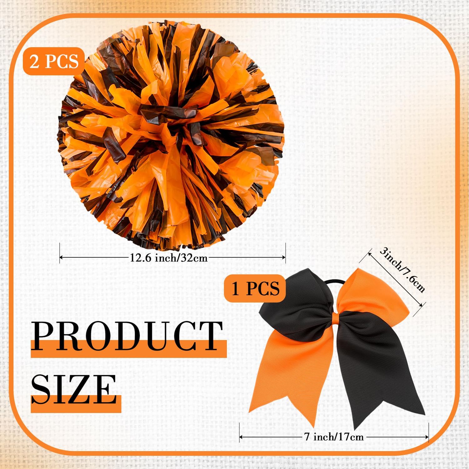 Cheerleading Pom Poms and Large Cheerleader Hair Bow for Girl, 12 Inch Large Metallic Cheer Cheerleader Pom Poms for Sports Team Spirit Cheering (Orange Black Mixed)