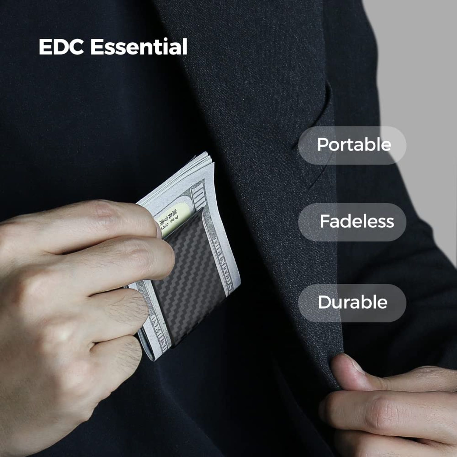 MONOCARBON Carbon-Fiber-Money-Clip-for-Men, Minimalist-Money-Holder for Cash, High Elastic Carbon-Fiber-Wallet, Slim and Durable (Twill Matte Black)