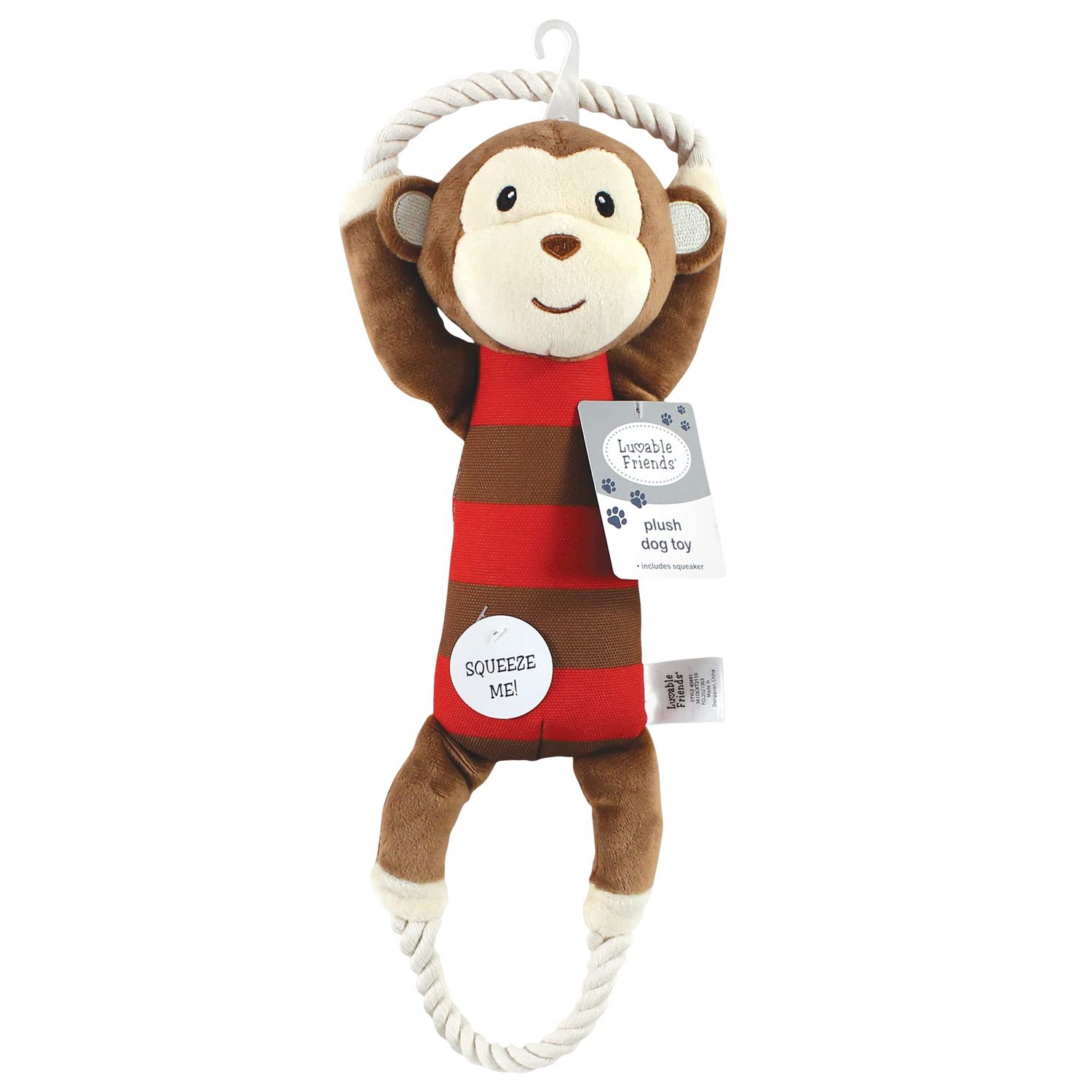 Luvable Friends Baby Squeaky Plush Dog Toy with Rope, Monkey, One Size