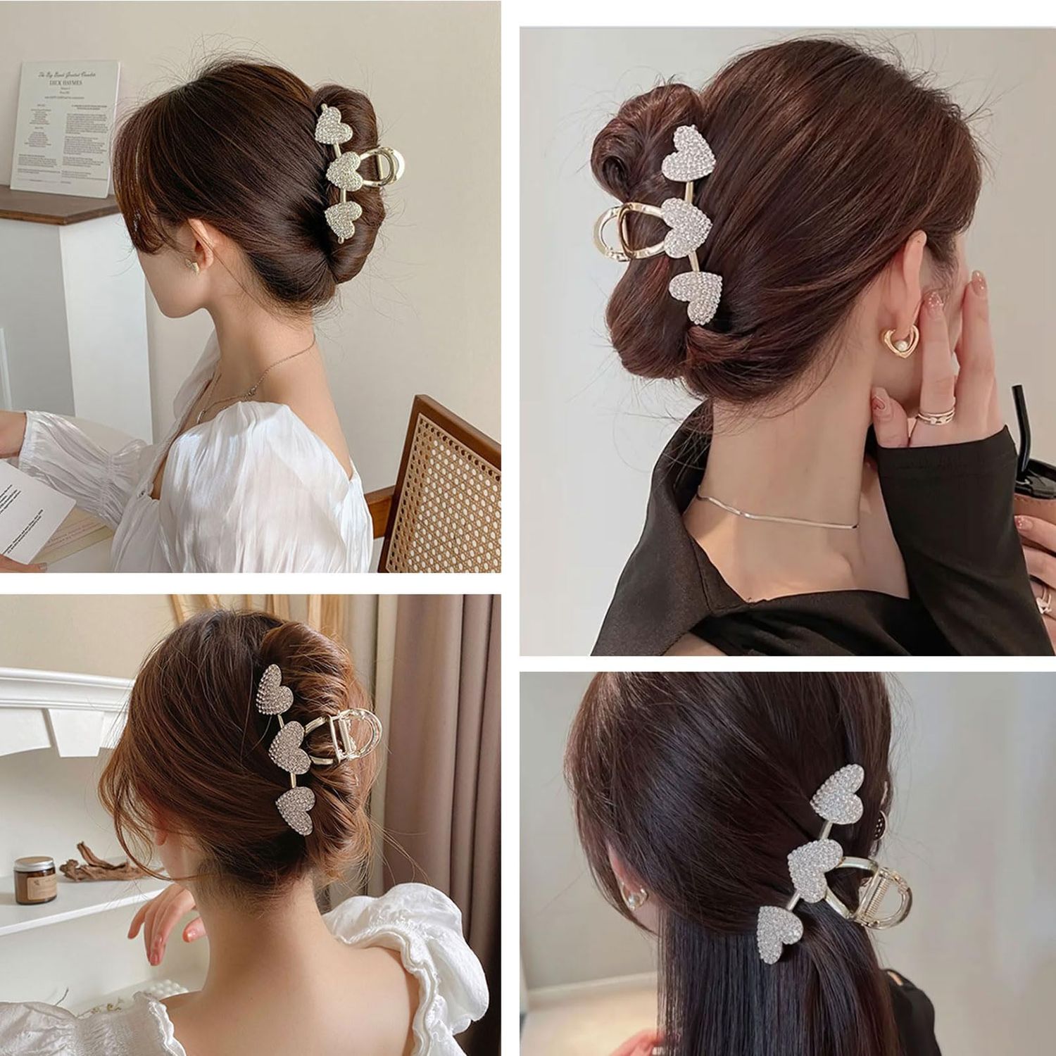 Pearls Heart Hair Clips Valentines Day Hair Accessories for Women Girls Rhinestones Gold Metal Hair Claw Clips Shiny Hearts Hairpins Strong Hold Hair Clip for Thick or Thin Hair Decoration 1 Pcs