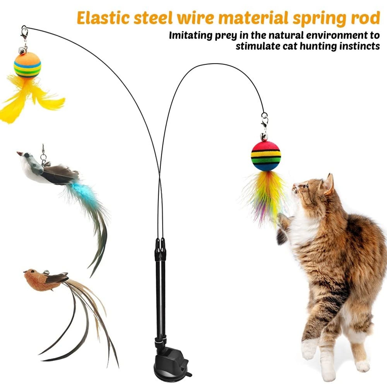 MiOYOOW Cat Feather Toy, Interactive Cat Teaser Feather Cat Toy Set with Dual Ended Suction Cup/ 4 Feather Refills for Indoor Cats Kittens