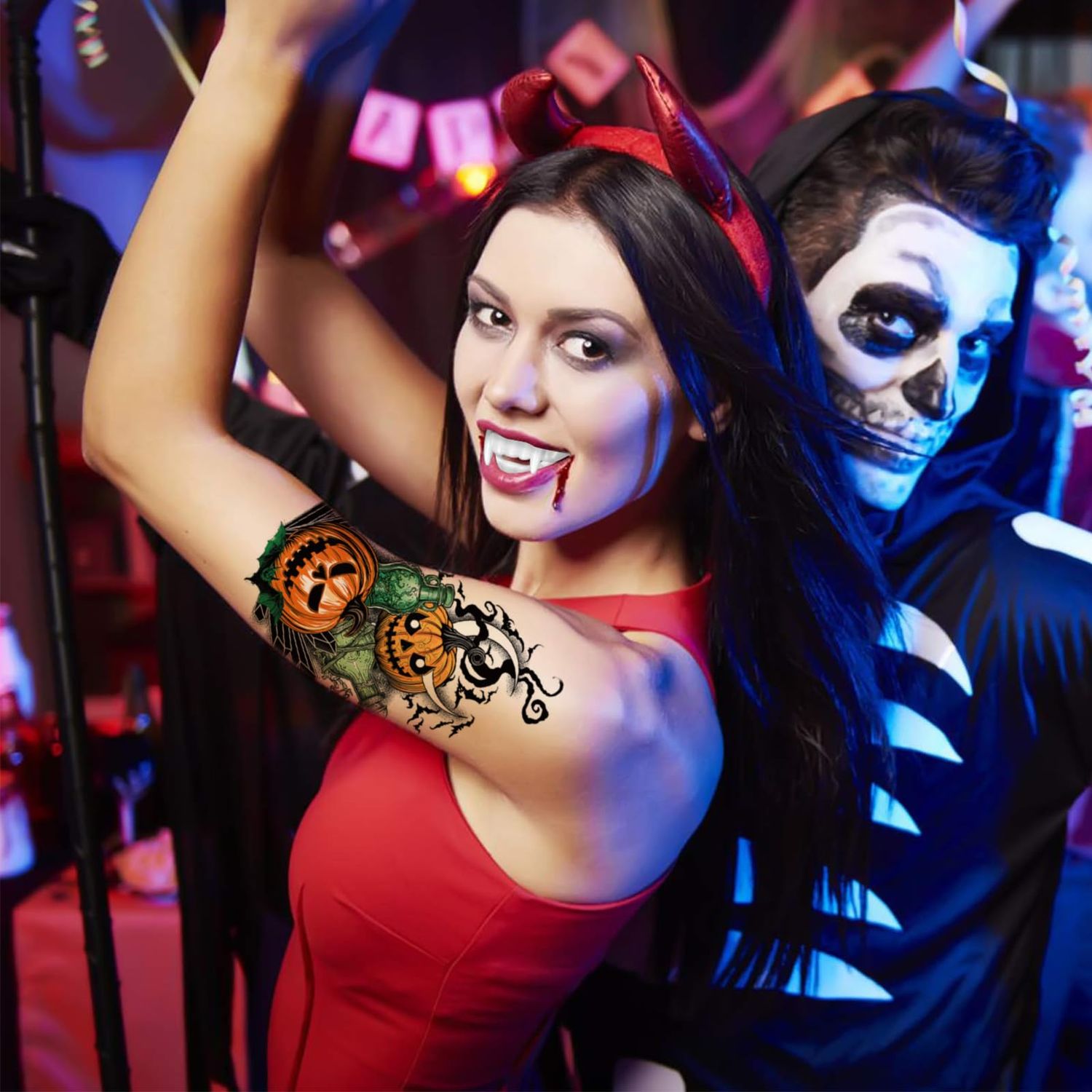 Halloween Arm Temporary Tattoos,8 Sheets Halloween Fake Tattoos Pumpkin Skull Bat Witch Cat Tattoo Stickers for Halloween Costumes Decorations Make Up Party Favors