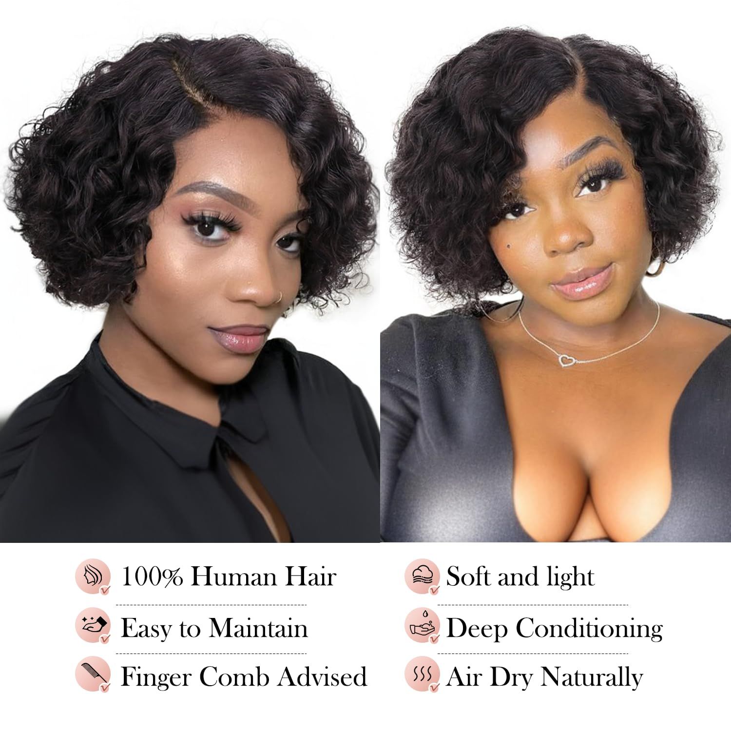 WIGER Short Lace Front Wigs Human Hair for Women Short Curly Bob Wig Black Wavy Lace Wig Black Pixie Cut Wig Brazilian Virgin Human Hair Curly Wigs 180% Density Side Part