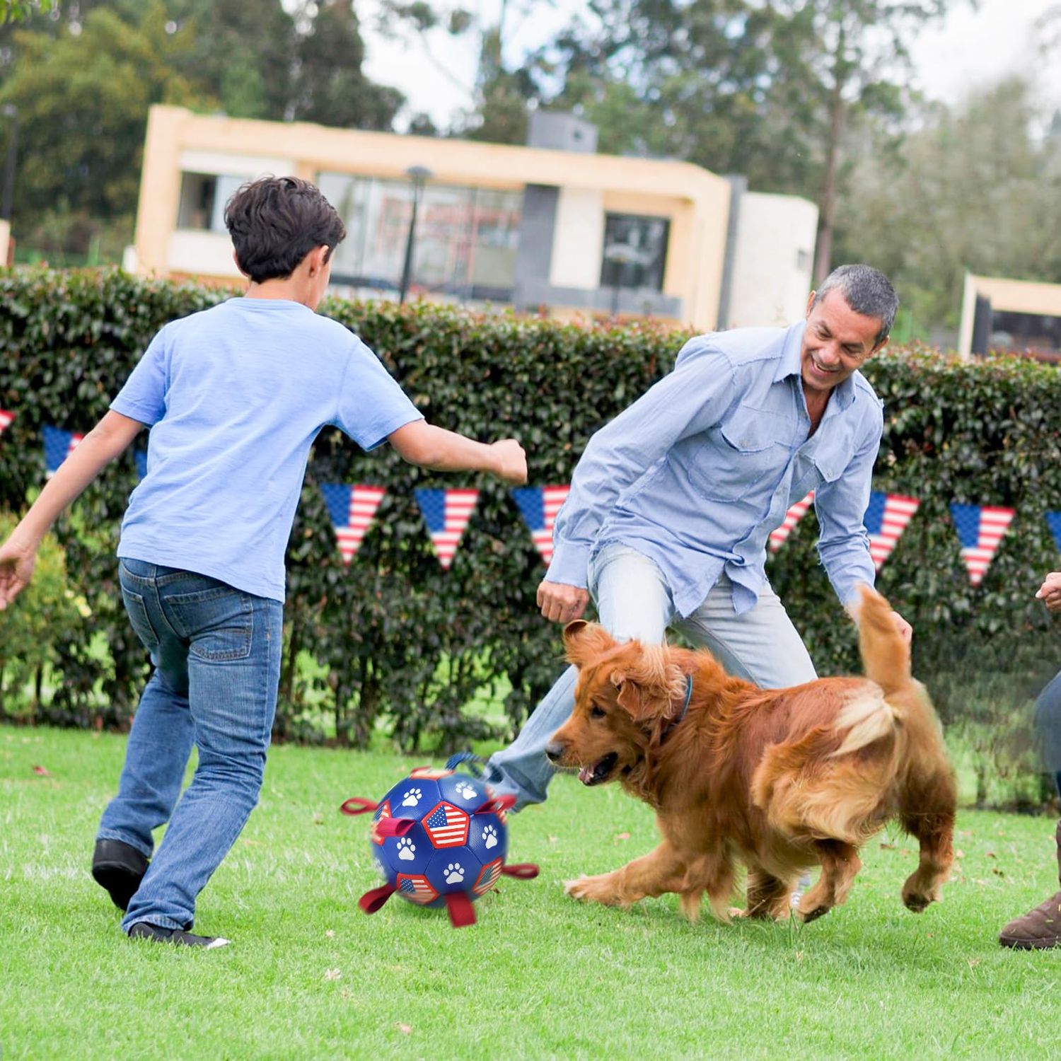 ShuRung 4th July Theme Soccer Ball Dog Toy with Straps Dog Interactive Play Balls for Tug of War USA Independence Day Dog Soccer Ball for Small Medium Big Size Dog (6 inches) S