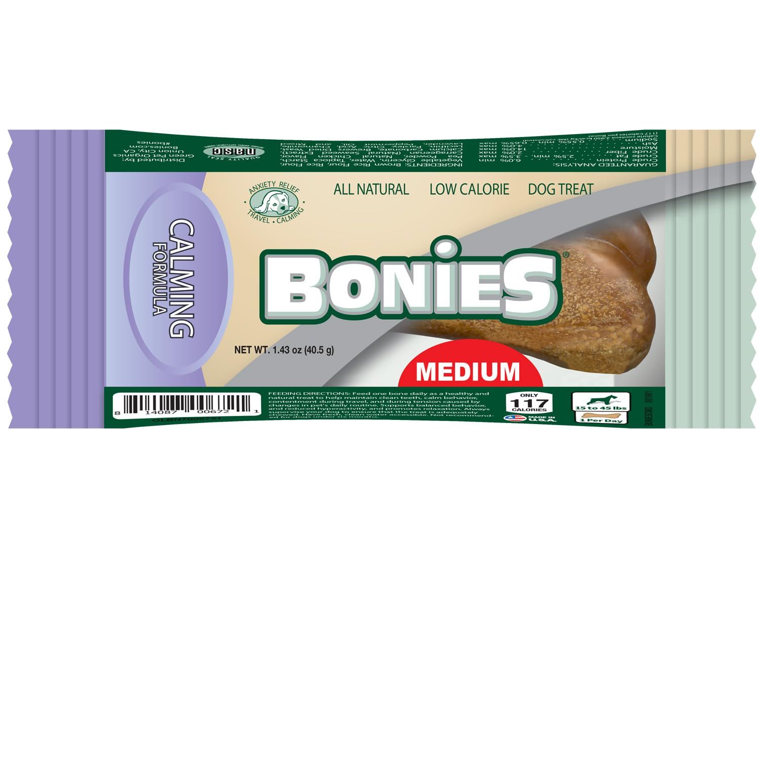 BONIES Natural Calming Formula Medium-Sized Single Bone for Dogs 25-50 LBS - Natural Dog Treats - Healthy Teeth & Fresh Breath - Low Calories - Chicken Flavor - 1 Bone