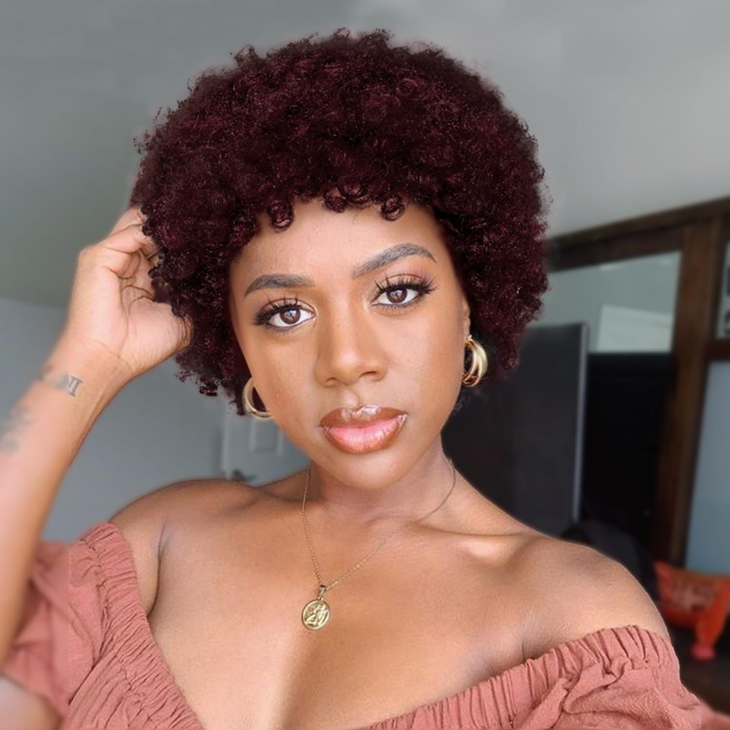 WIGER Short Afro Curly Wigs Human Hair for Black Women Afro Kinky Curly Wigs 99J Short Curly Afro Wigs None Lace for African American Lady for Daily