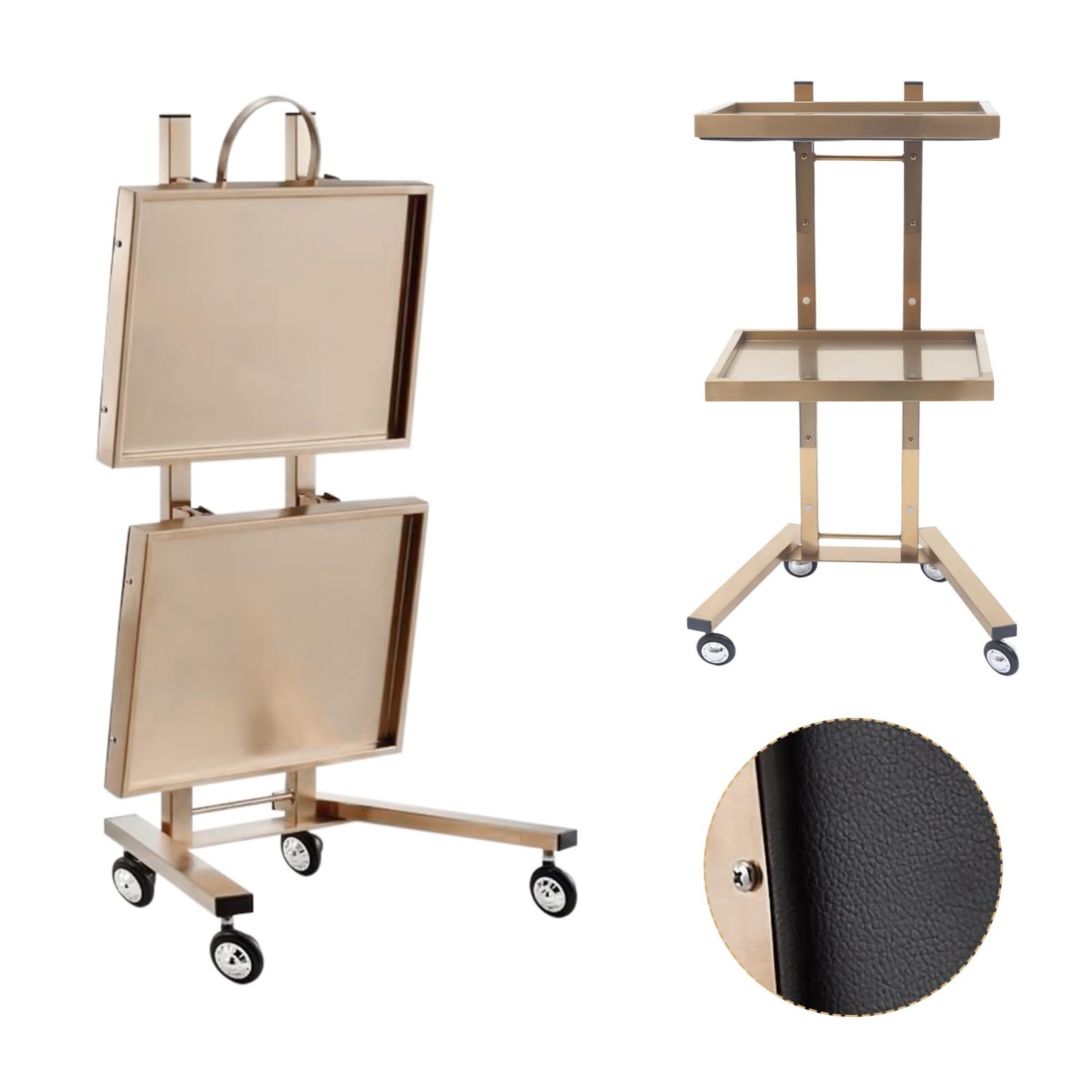 2-Tier Metal Salon Rolling Cart with Wheels, Foldable Stainless Steel Rolling Storage Cart Trolley Tray Utility Esthetician Cart for Beauty Spa Home Kitchen