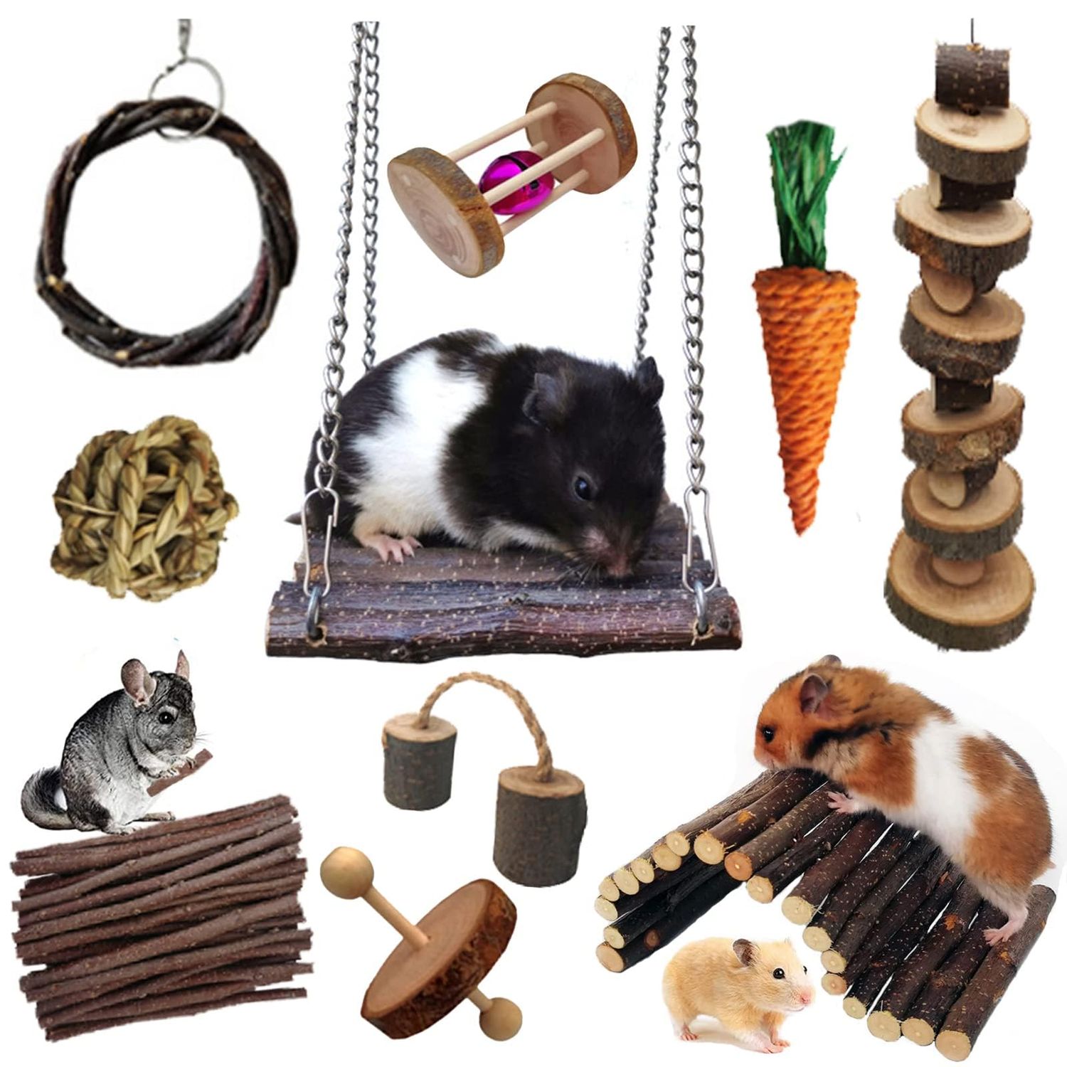 Syhemtya Chinchilla Toys Hamster Chew Toys Guinea Pig Toys Rat Toys Hamster Cage Accessories Small Animal Teeth Care Apple Wooden Accessories Set,Ball Ladder Bridge Swing Roller for Playground