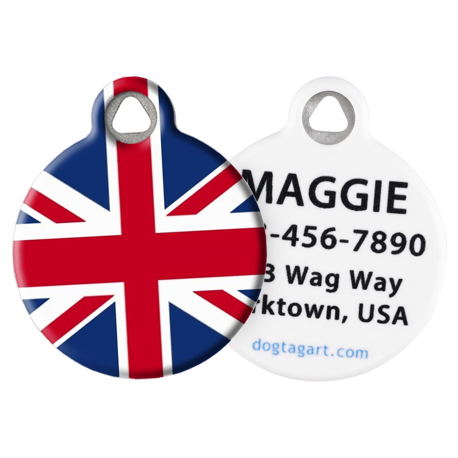 Dog Tag Art British Flag Union Jack Personalized Pet ID Tag for Dogs and Cats, Silent United Kingdom Dog Tag with Customized Identification Information - Large 1.25" Diameter