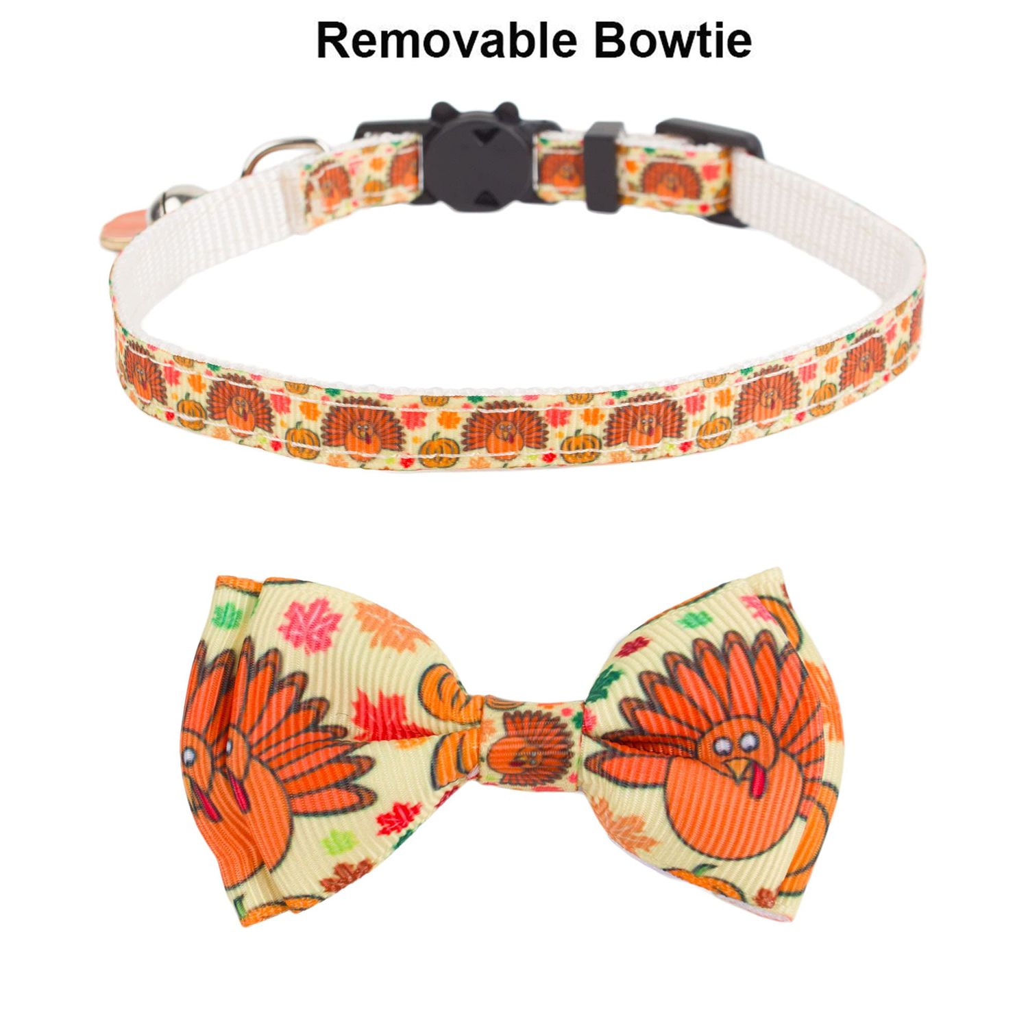 ADOGGYGO Thanksgiving Cat Collars with Bow Bell, Breakaway cat Collar with Bowtie Pumpkin Cat Kitten Collar for Girl Boy Cats Kittens (Thanksgiving)
