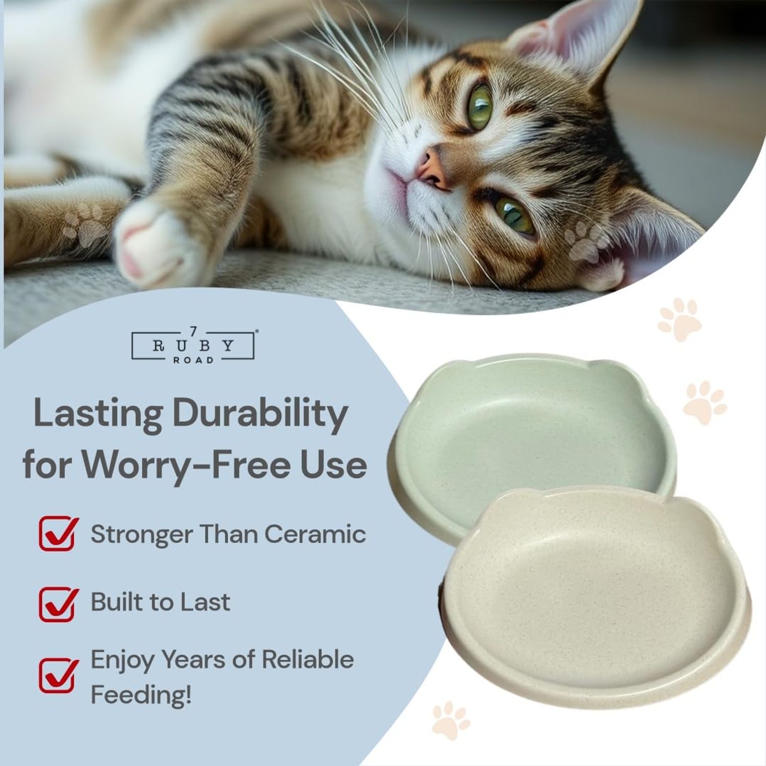 7 Ruby Road Anti Whisker Fatigue Cat Bowl, Set of 2 - Wide Cat Food Bowls, Wet and Dry Shallow Cat Food Dish, Small Cat Dishes for Indoor Cats, Cute Kitten Bowls Whisker Friendly & Relief Non-Slip 6oz