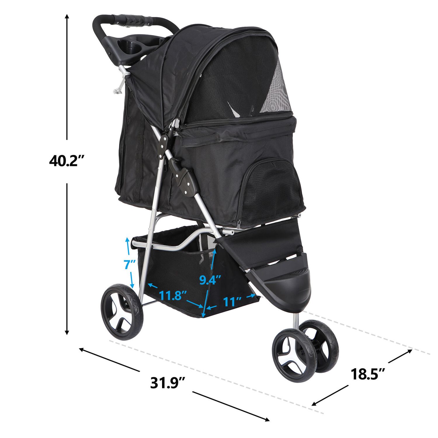 Dog Stroller Pet Travel Carriage 3 Wheeler w/Foldable Carrier Cart W/Cup Holder