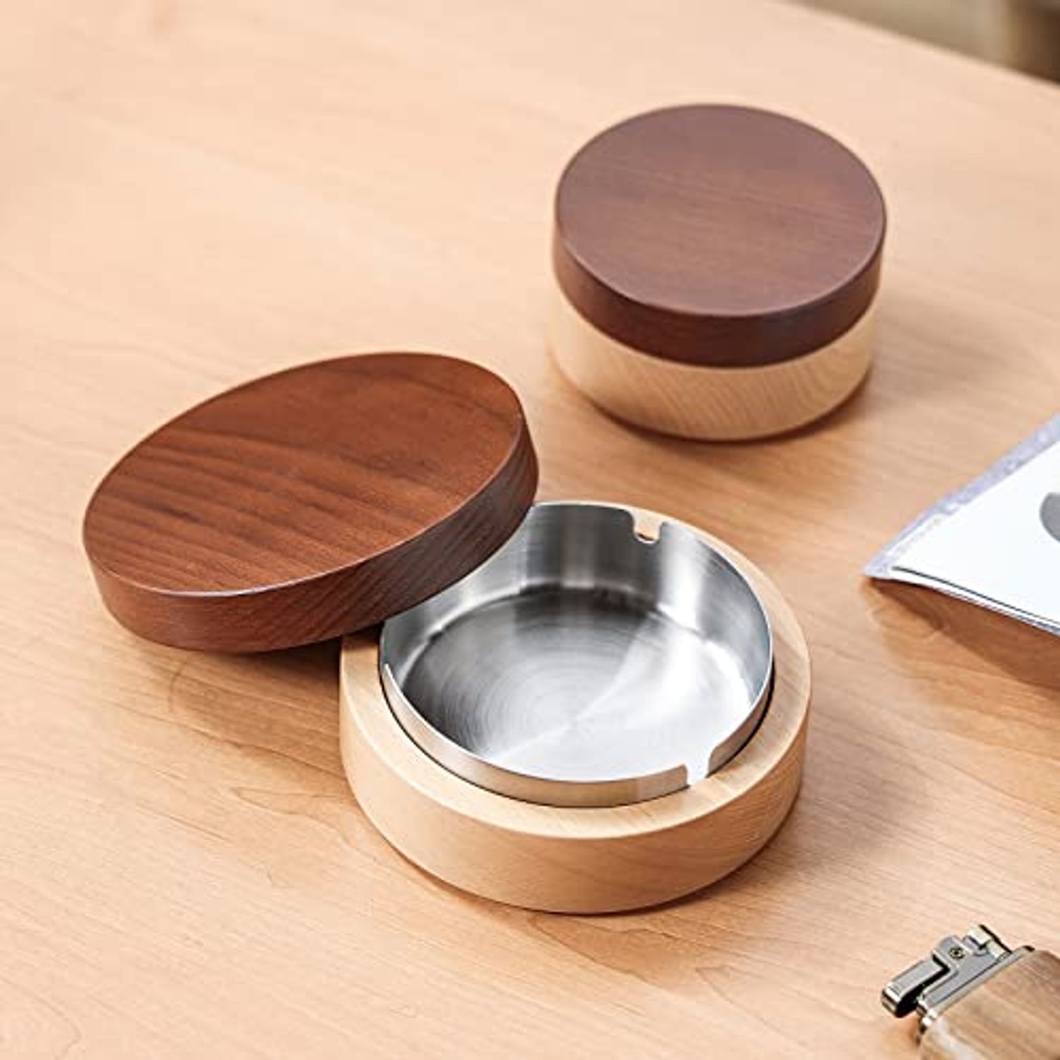 VViN Windproof Ash Tray for Weed with Lid - Large, Cigarette Ashtray Wood with Stainless Steel Liner for Outdoors and Indoors Use, Smoking Ashtray for Home Office
