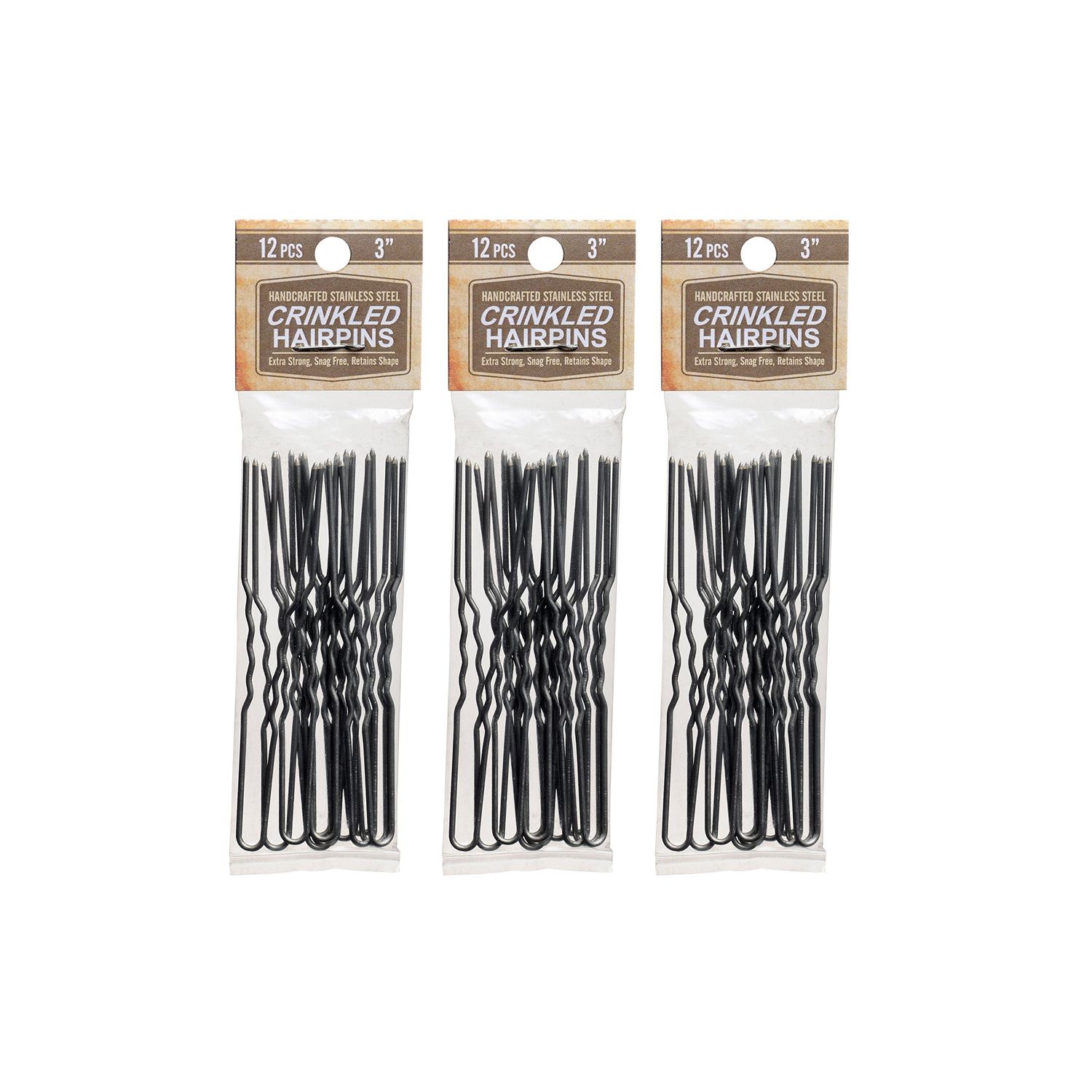 Amish Valley Products Hairpins 36 Count Crinkled Heavy Duty Stainless Steel Handmade Hair Pin Use in place of Hair Clips Barrettes Bobby Pins Snag-less (3 Inch, Stainless Steel)