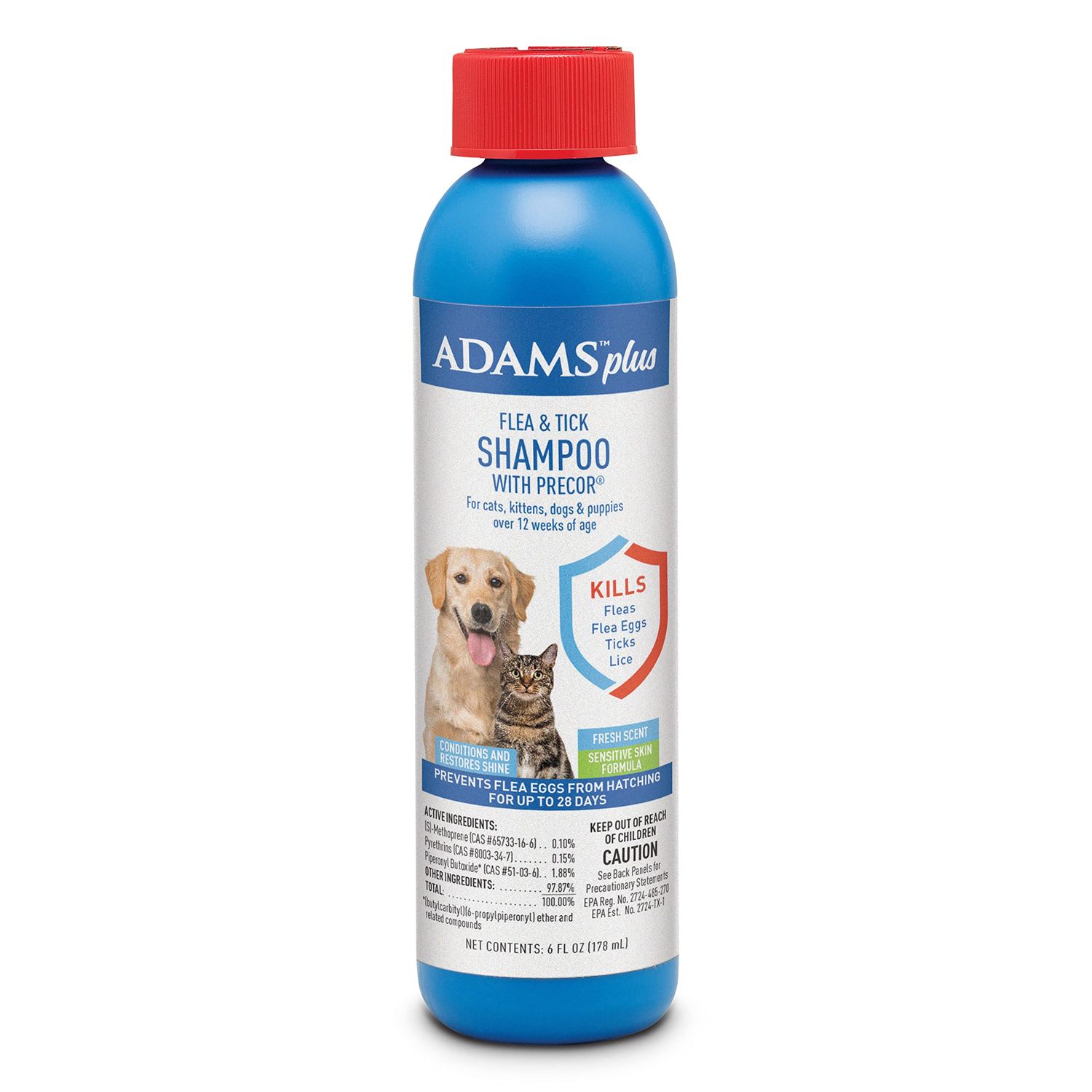 Adams Plus Flea & Tick Shampoo with Precor for Cats, Kittens, Dogs & Puppies Over 12 Weeks Of Age |Sensitive Skin Flea Treatment for Dogs & Cats |Kills Adult Fleas, Flea Eggs, Ticks, and Lice |6 Oz