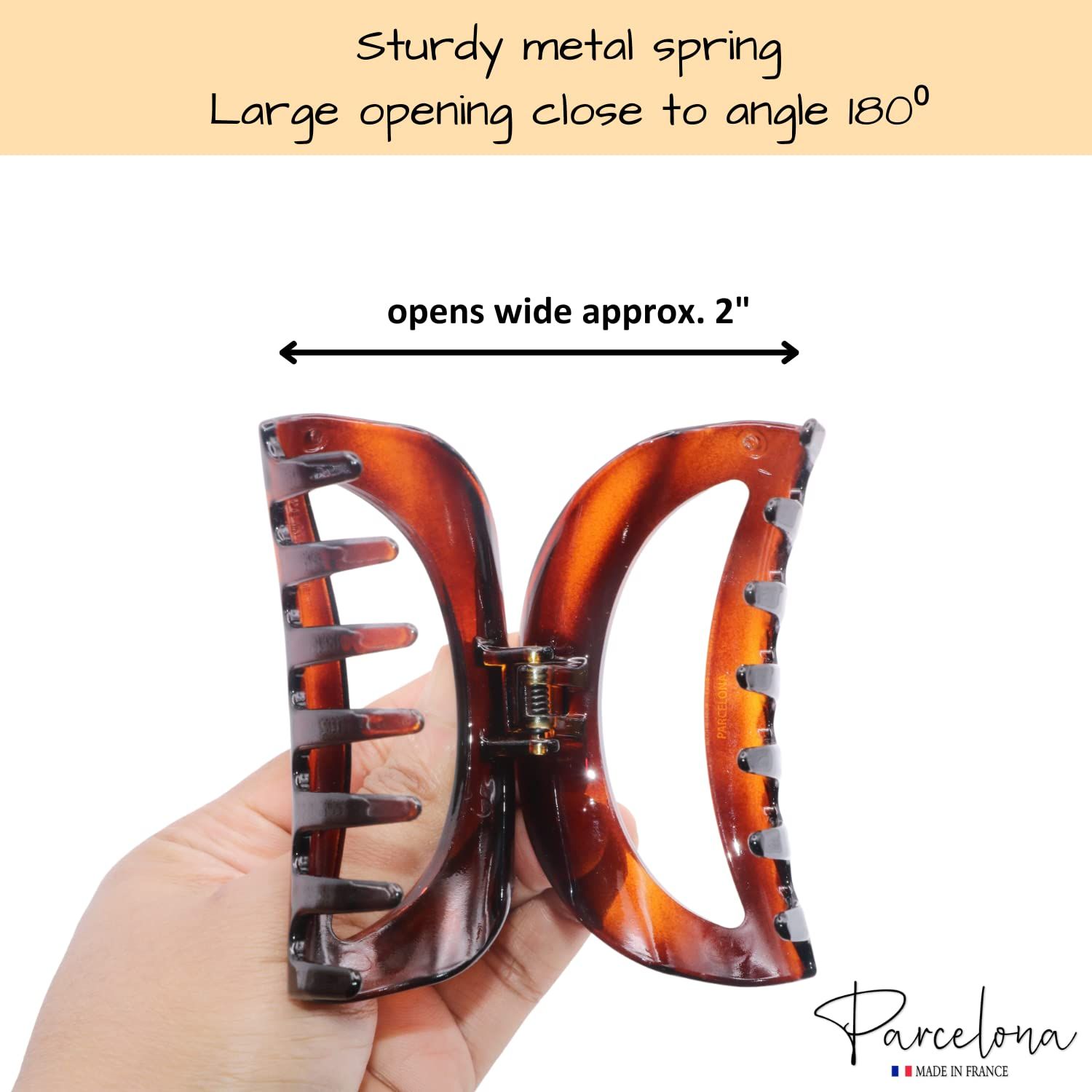 Parcelona French Vrille Medium 3.5" Celluloid No Slip Grip Volume Jaw Hair Claw Clips for Women and Girls, Made in France (Tortoise Shell)