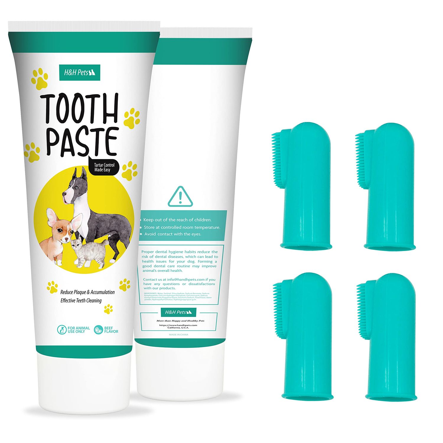 H&H Pets Dog Toothbrushes and Toothpaste Best Professional Cat & Dog Finger Tooth Brush, Dog Brush Set, Perfect for Dogs and Cats, Dog Supplies - Size Small 4 Count 3.5 Oz Toothpaste (100g)