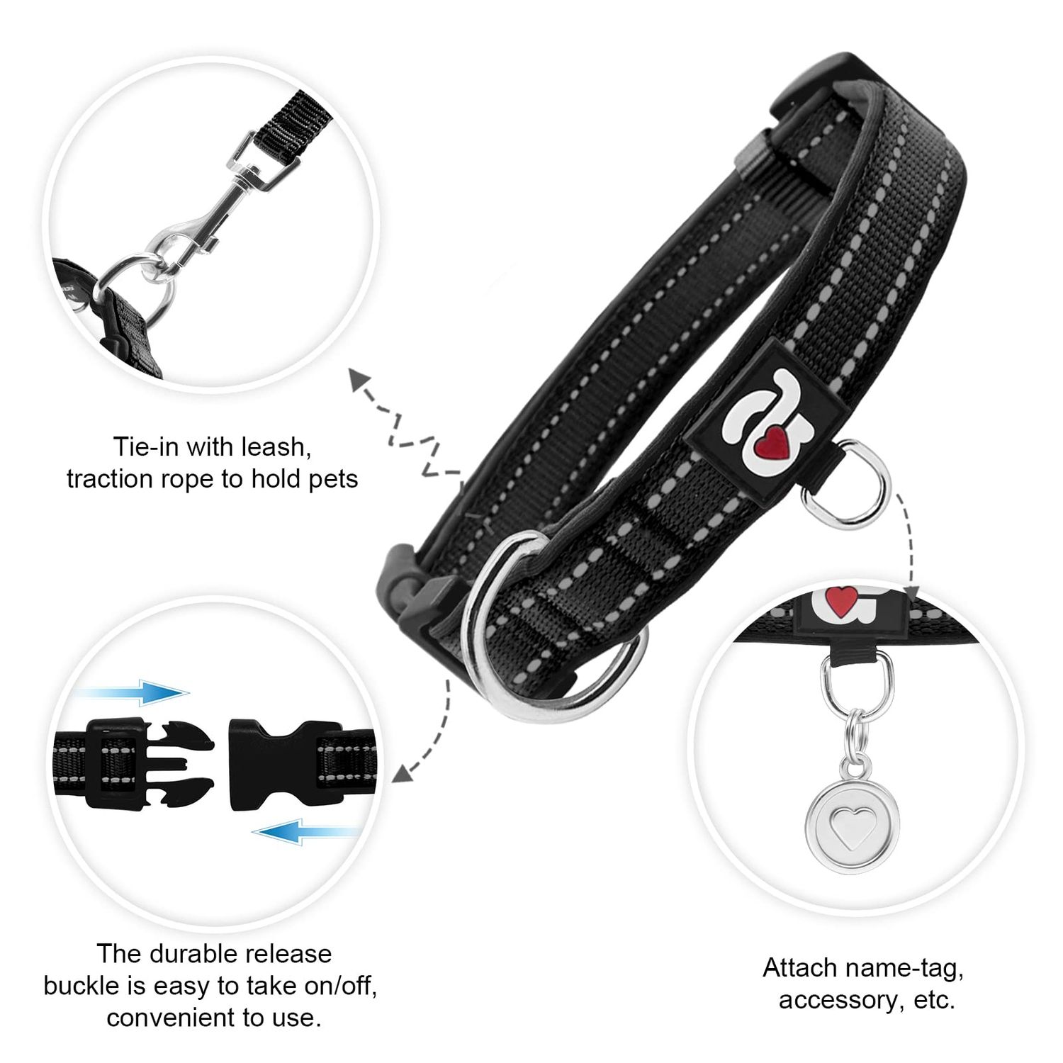 azuza 2 Pack Neoprene Padded Dog Collar for Small Dogs, Reflective Dog Collar with ID Tag Ring, Adjustable Safe and Comfy Dog Collars,Royal Blue/Black,XS