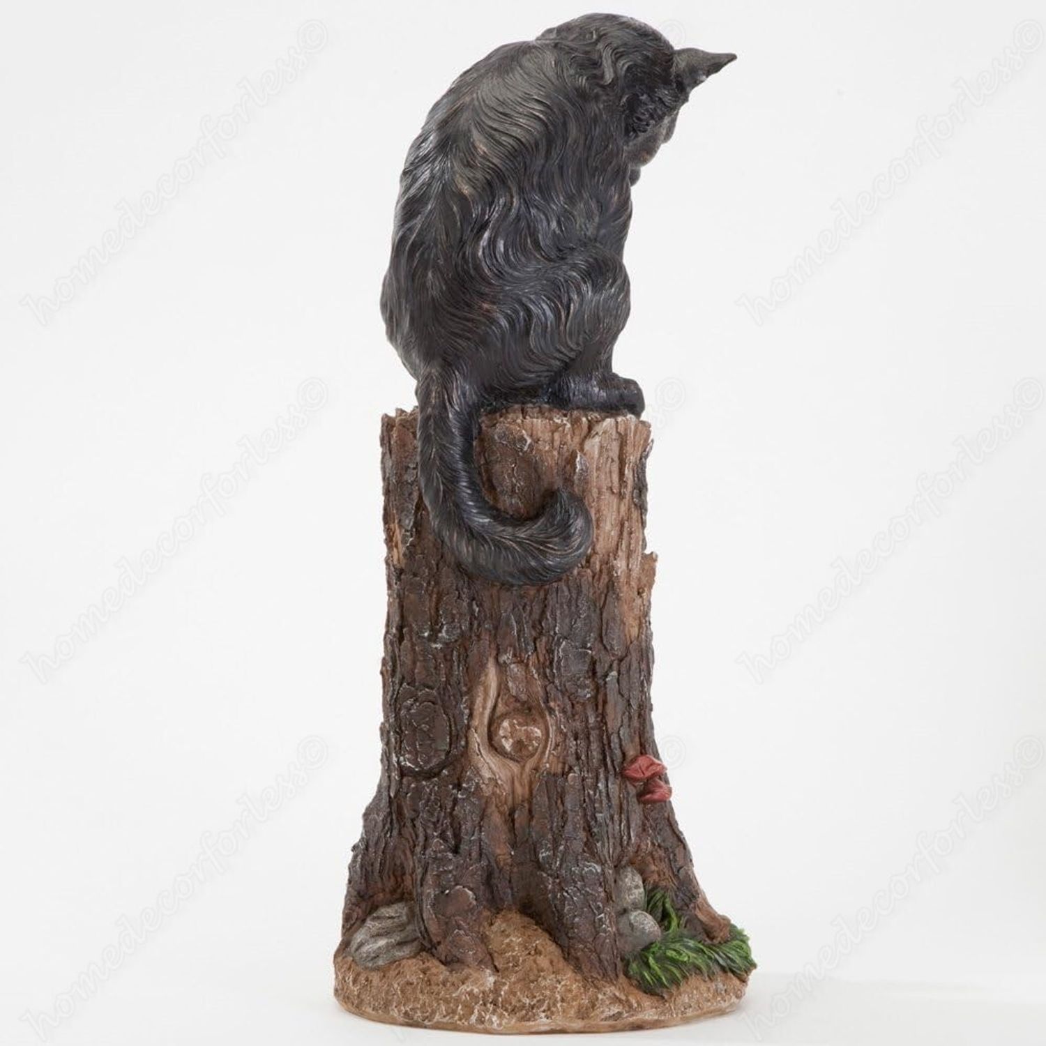 Realistic Cat Perched on Tree Stump w Inquisitive Mouse Garden Sculpture Statue