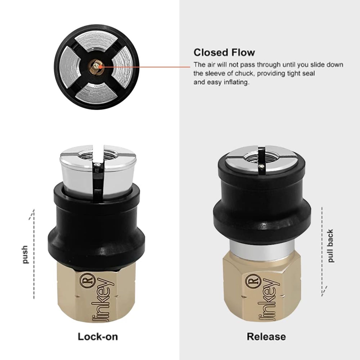 JINKEY Lock On Air Chuck for Schrader Valve, Heavy Duty Brass Close Flow Straight Locking Air Chuck Quick Connect 1/4" FNPT Tire Chuck for Pressure Gauge Tire Inflator Compressor Accessories