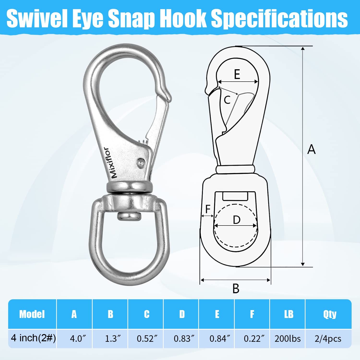 Mixiflor Stainless Steel Swivel Eye Snap Hook, 4 Pack (4 Inch) Swivel Snap Hook Flag Pole Clips, Rotating Diving Clips Spring Hooks for Flag Poles, Dog Leash, Key Chain, Boat Anchor Rope, Bird Feeder