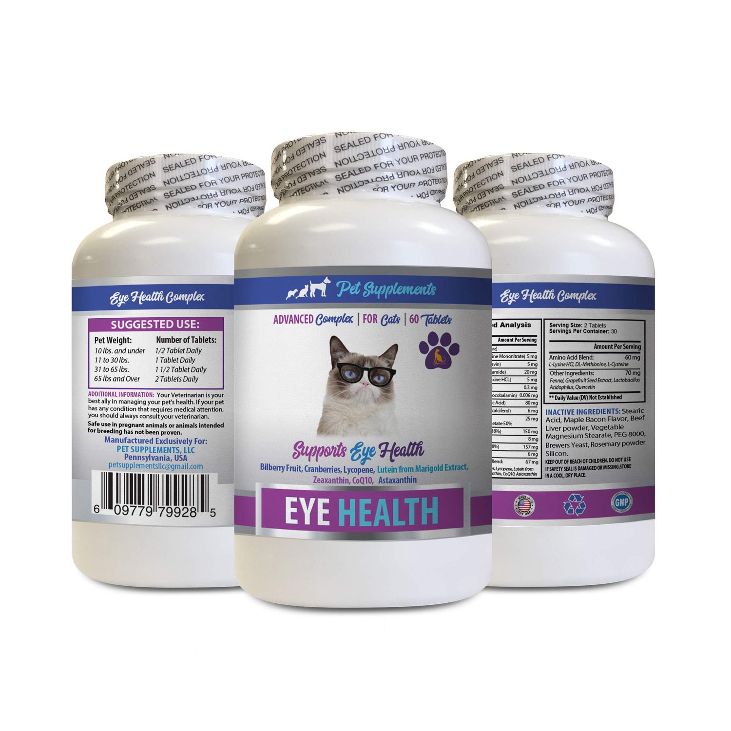 PET SUPPLEMENTS cat Vision Supplement - Cats Eye Health Complex - Advanced Formula for Eye Sight - Immune Boost - cat Vitamin e - 1 Bottle (60 Tablets)
