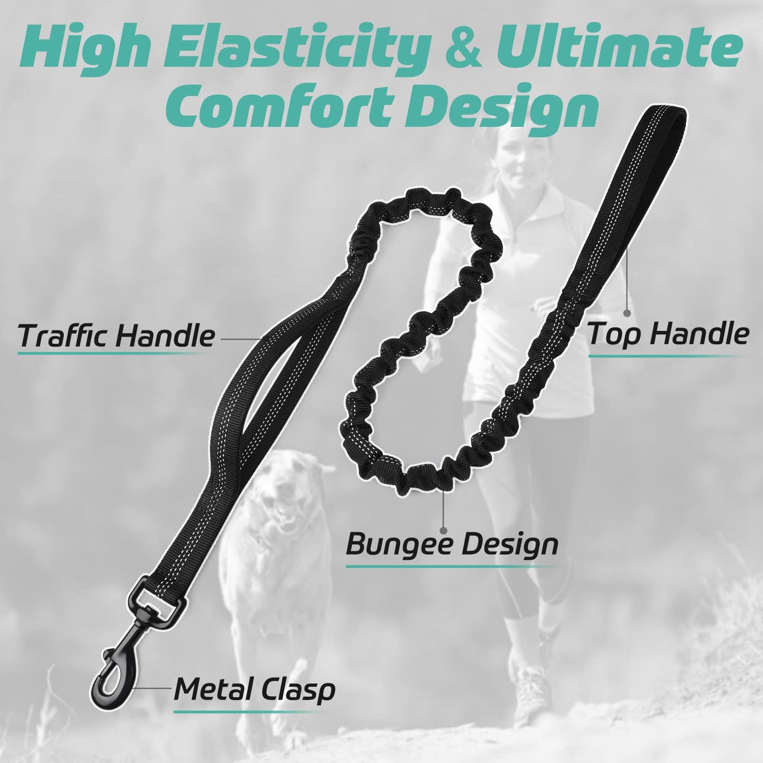 rabbitgoo Tactical Dog Leash, Bungee Dog Training Leash with Shock Absorption, Black Military Dog Leash with 2 Padded Control Handles for Medium Large Dogs, 5.2FT