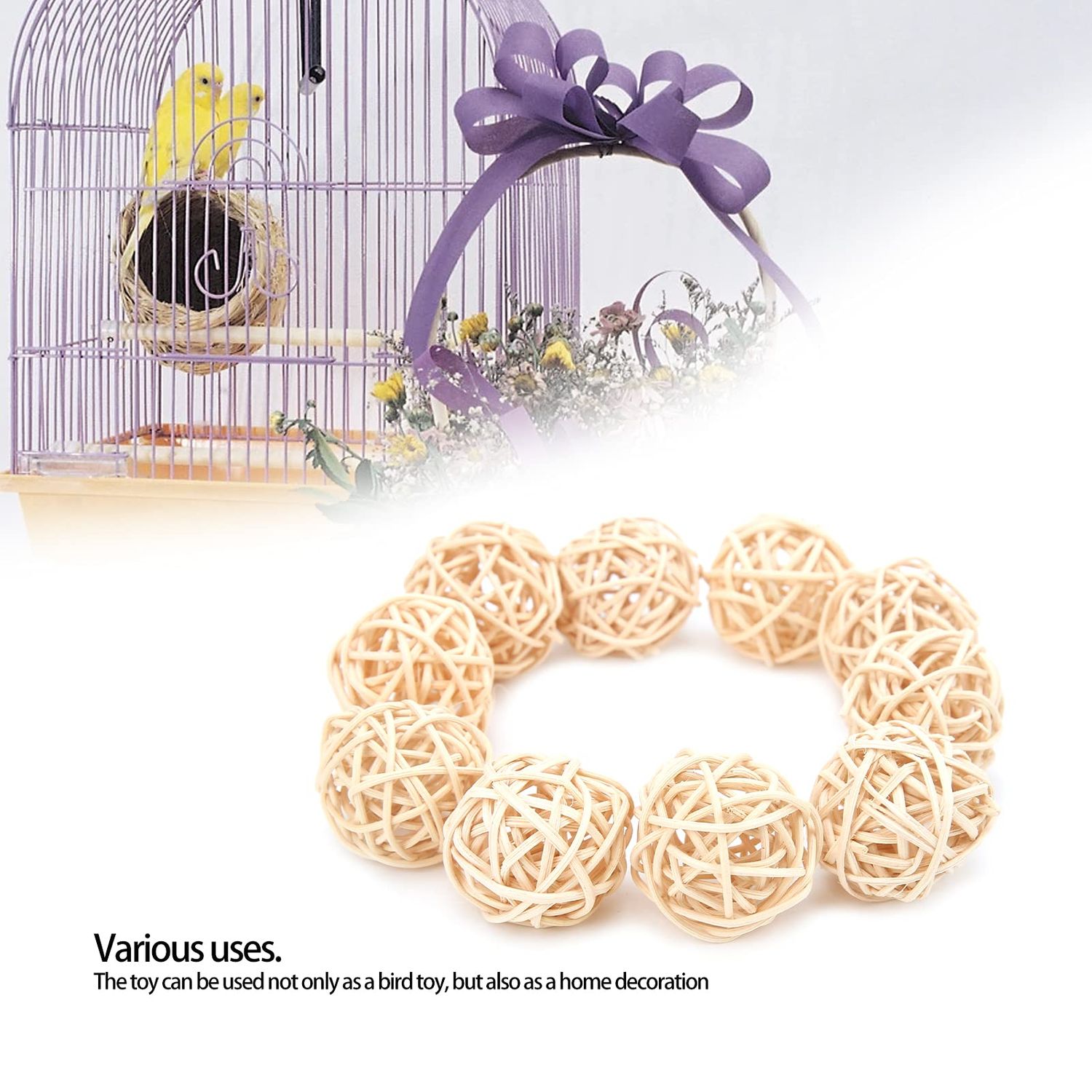 Haosie Rattan Balls, 10PCS Parrot Wicker Balls Bird Toy, 3CM Natural Parakeet Chewing Toys Decorative Balls