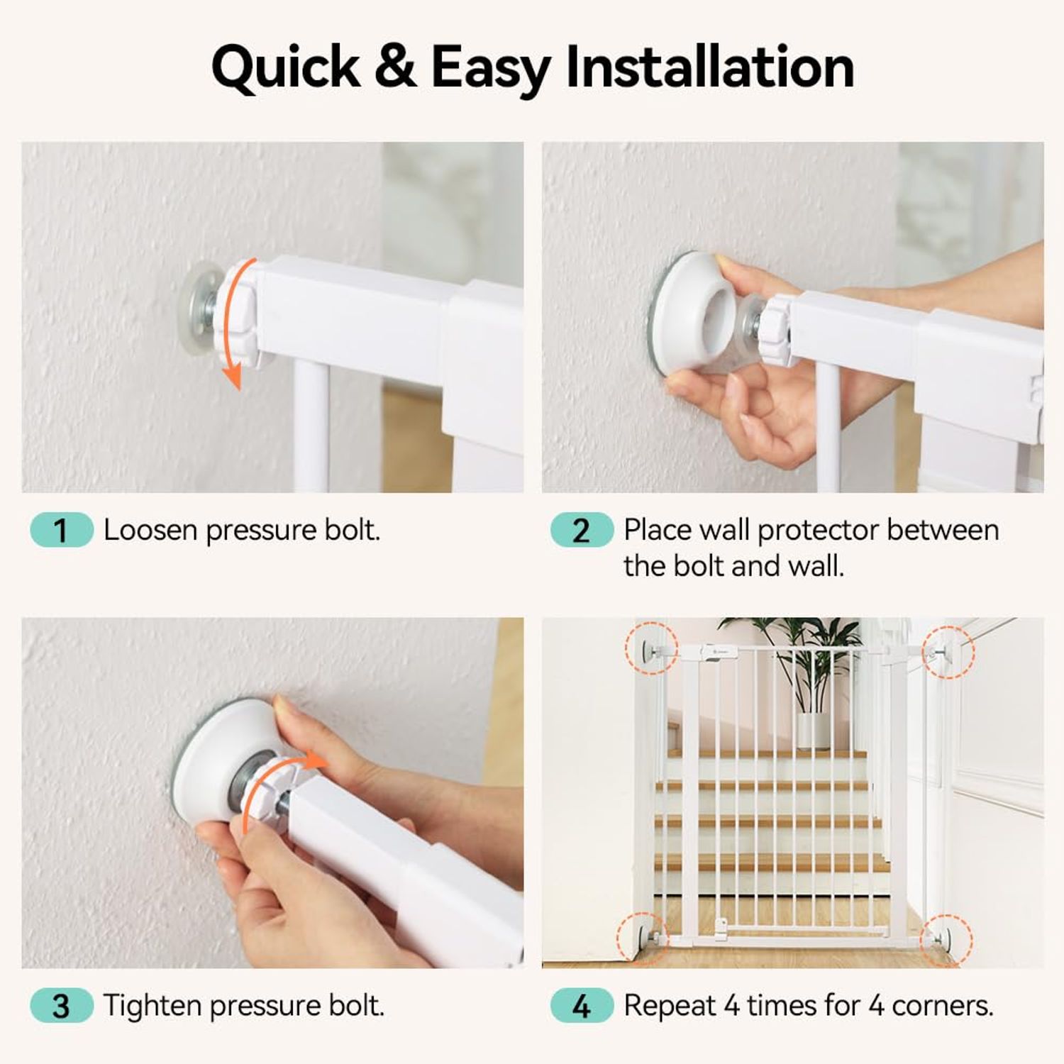 COMOMY 4 Pack Baby Gate Wall Protector, Safety Child Gate Extender Wall Cups, Baby Gate Wall Guard for Protect Walls & Doorways from Pet & Dog Gates, Pressure Mounted Gates Extension Kit, White
