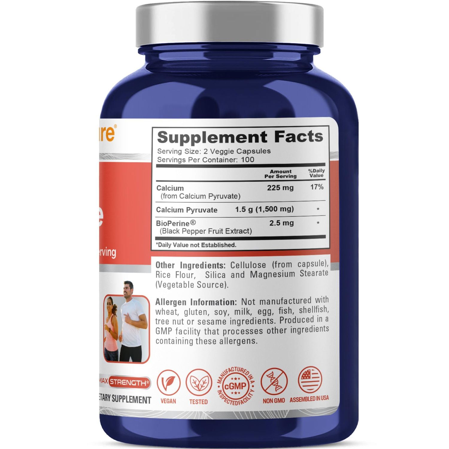 NusaPure Calcium Pyruvate 1500mg 200 Vegetarian Caps (Non-GMO, Vegan) - 750mg per caps