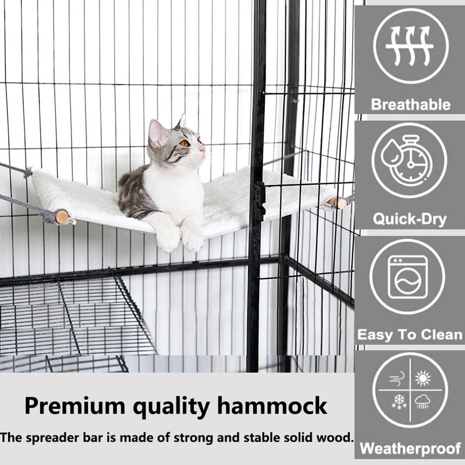 Reversible Cat Hammock for Cage Hanging, Soft Sleeping Bed for Kittens and Small Pets, Features Hardwood Spreader Bars, Portable Hammock can be Tied Between Trees or Posts (Grey+White, Medium)
