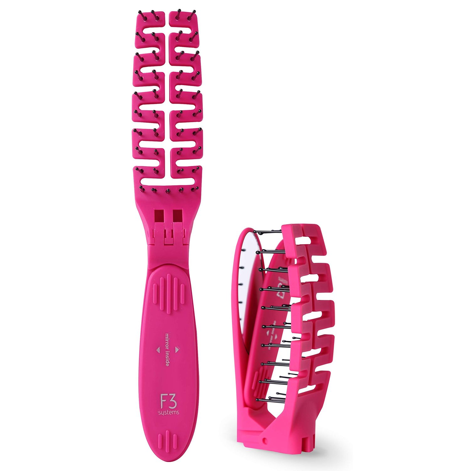 F3 Systems Folding Hair Brush with Mirror, Travel Folding Brush, Compact for Storage, Hair Brush Detangling Comb for Adult and Kids, Portable & Pocket Brush with Mirror, Healthy Shine, Wet & Dry Hair