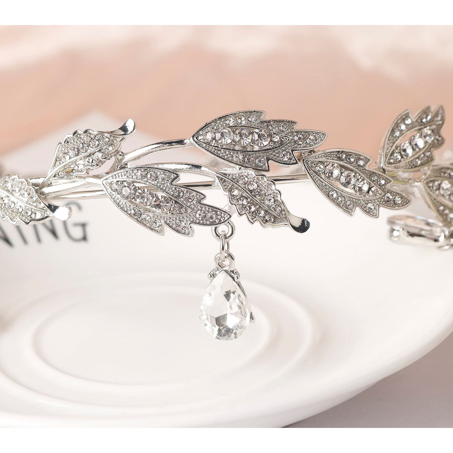 DS Rhinestone Wedding Tiara Crown for Brides, Goddess elf Princess Fairy Crystal Pendent Headband Leaf Cosplay Crown for women girls Hair Accessory for Brides Pageant Wedding Prom Birthday-Silver 2