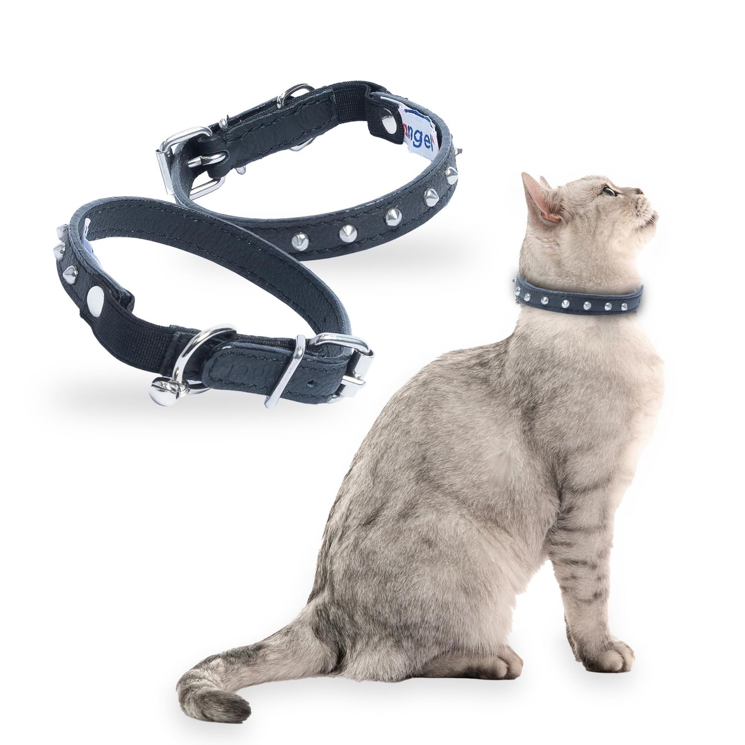 Studded Cat Collar, Genuine Leather Kitten Collar, Sturdy Breakaway Cat Collar, Water-Resistant Cat Collar with Bell & Elastic Stretch, Midnight Black, 10 x 1/2 inches - Angel Pet Supplies