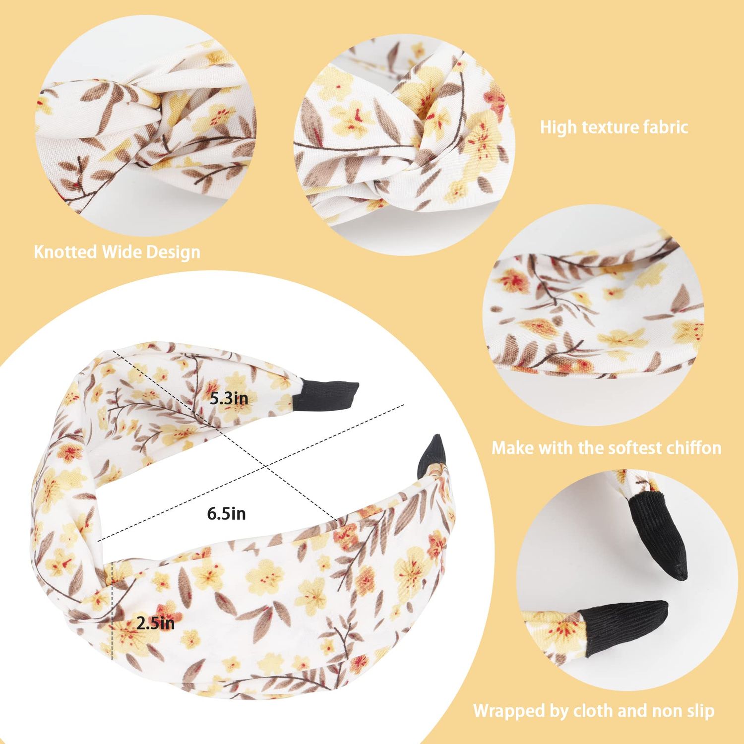 Beauty.H.C Headbands for Women, Wide Knotted Headbands, Fashion Flroal Pattern Headbands Chiffon Satin Boho Headbands, Hair Accessories for Women and Girls, Non Slip & One Size (3 PCS)