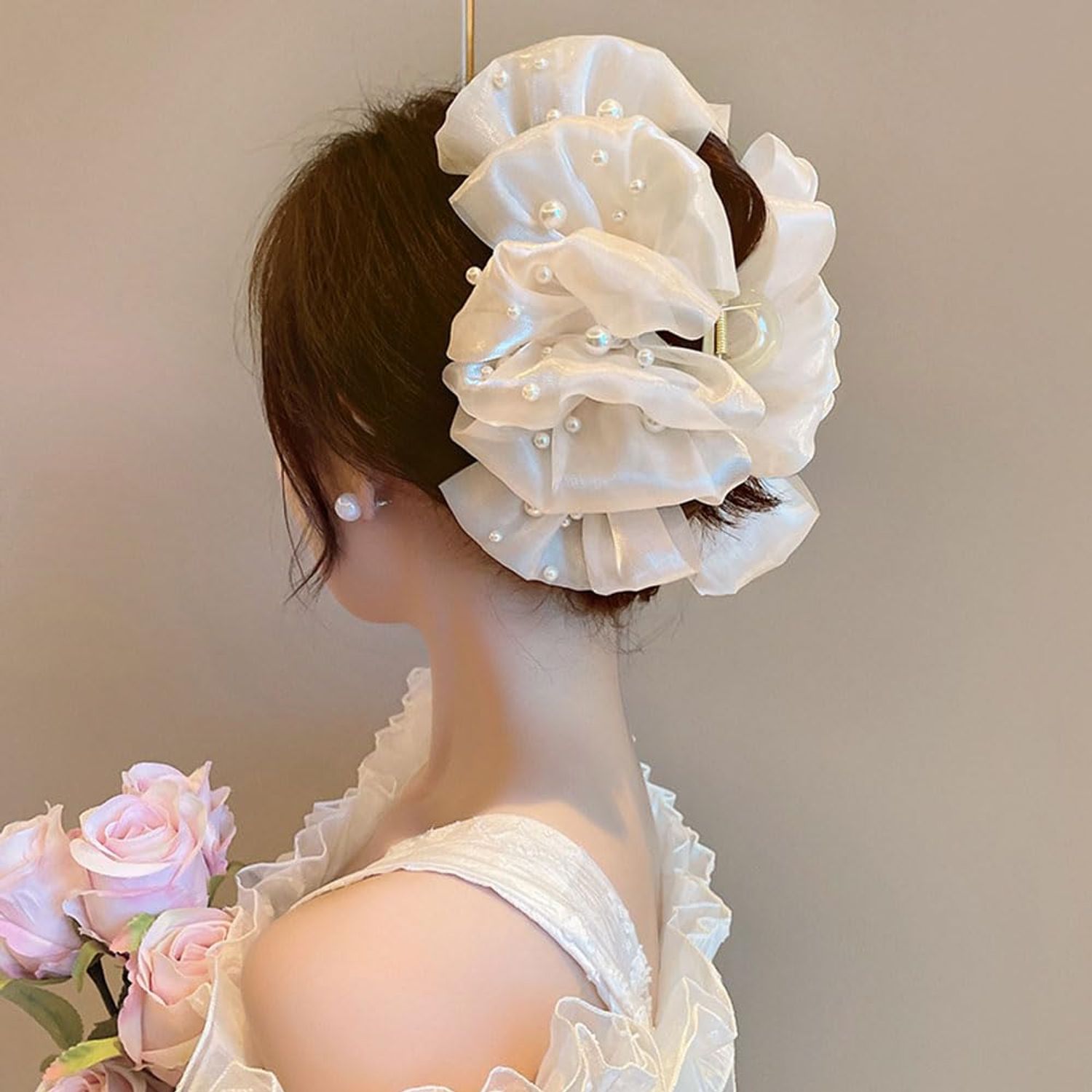 2 PCS Chiffon Silk Hair Claw Clips Large Pearl Hair Claw Clips Bows Hair Clips Barrtette Hair Accessories for Women Girls