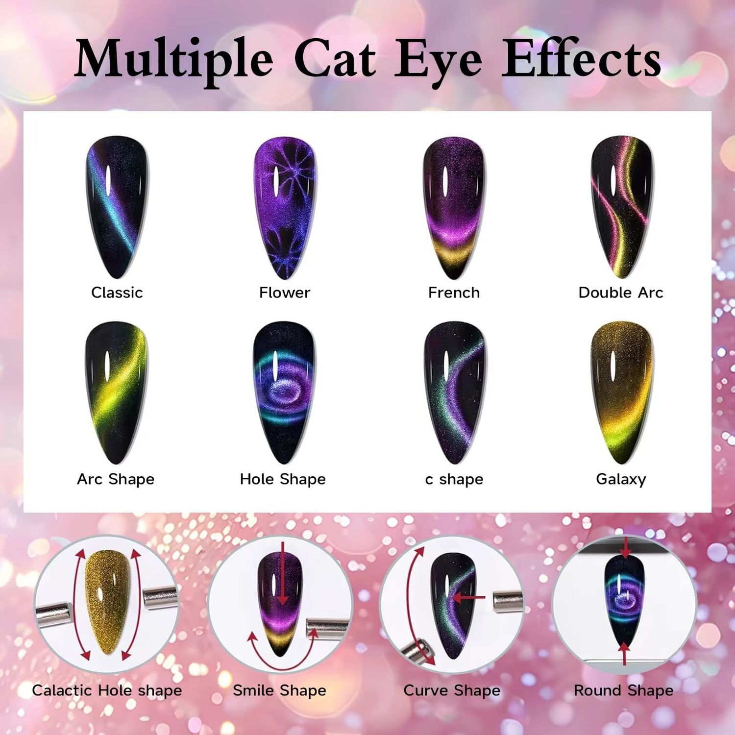TWOEIGHT 9D Cat Eye Gel Nail Polish, Magnetic Cat Eye Gel Polish Set, 8ml*6 with 1Magnets, Classic Colors Chameleon Magic Galaxy Effect Soak off Nail Art - Sparkle Stunning Gel Polish Gift for Women
