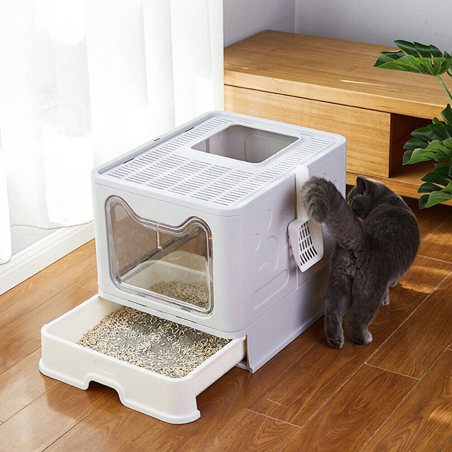 Self-Cleaning Cat Litter Box Large Cat Pan Drawer Anti-Splashing Cat Potty Tray