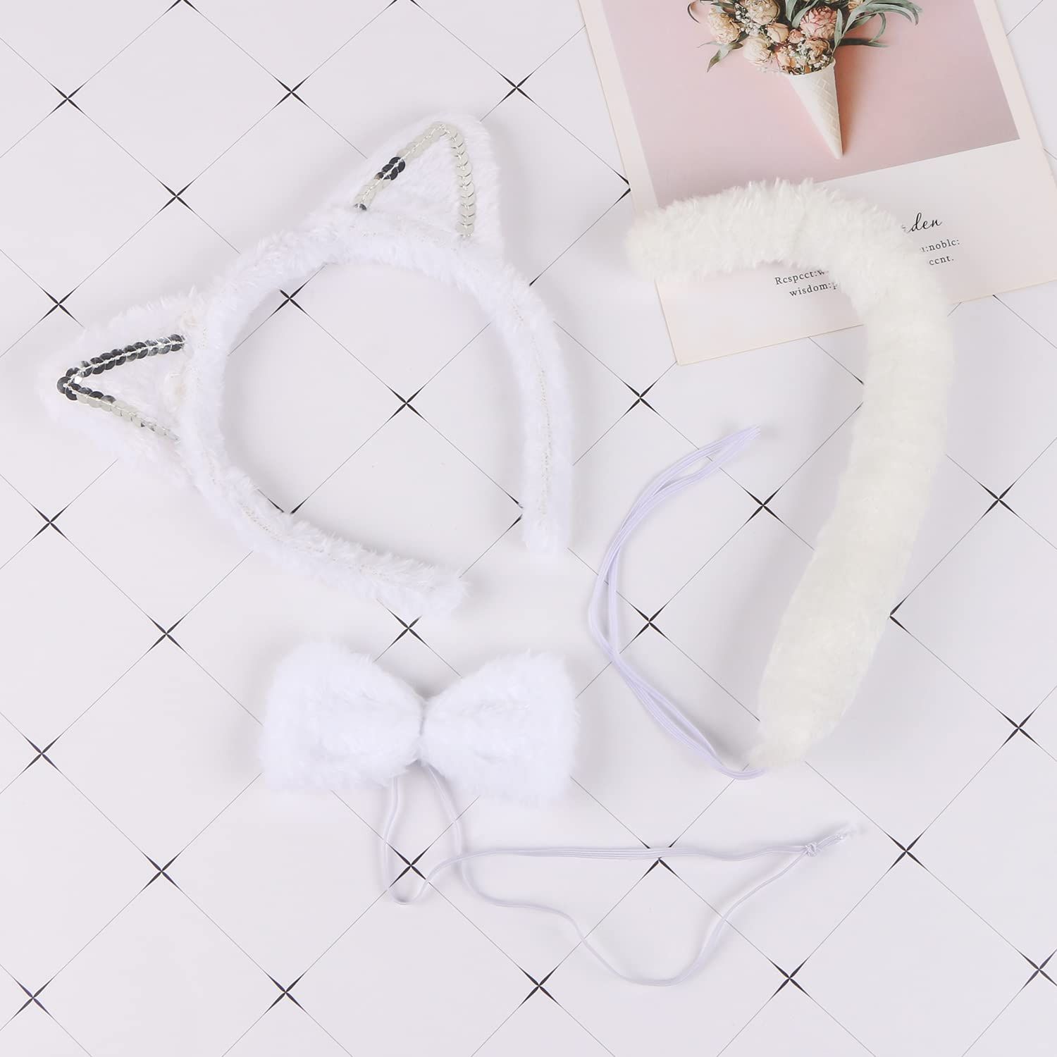 3 Pieces White Cat Costume Set Cat Glitter Ears Headband Tail and Bow Tie Animal Fancy Dress Cat Costume Kit Party Accessories for Halloween,Birthday,Christmas,Cosplay Dress Up Party Decorations