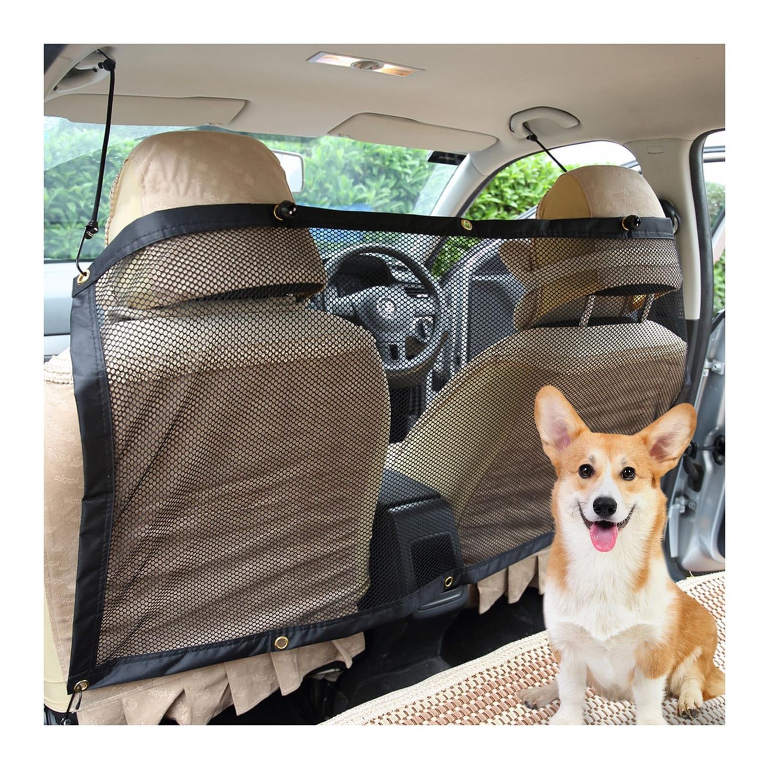 Dickno Car Mesh Organizer, 44.9''×24'' Stretchable Vehicle Pet Barrier Backseat Mesh with Adjustable Ropes and Hooks, Universal Auto Back Seat Safety Fence Divider for Pet Children