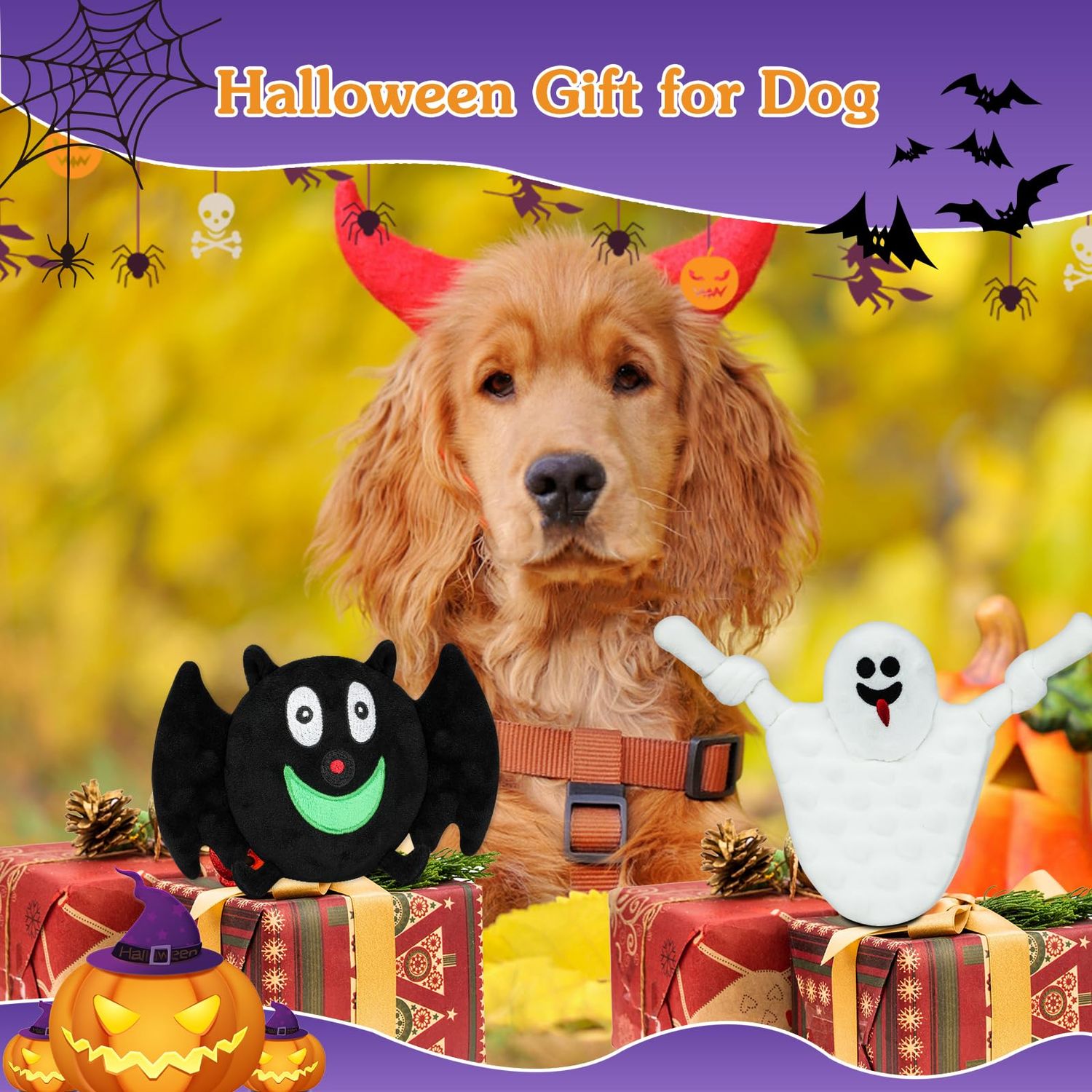 YUEPET 2 Packs Halloween Squeaky Dog Chew Toys, Funny Bat Ghost Plush Dog Toys with Crinkle Paper, Durable Stuffed Dog Toys for Cleaning Teeth for Puppies Small Medium Dogs