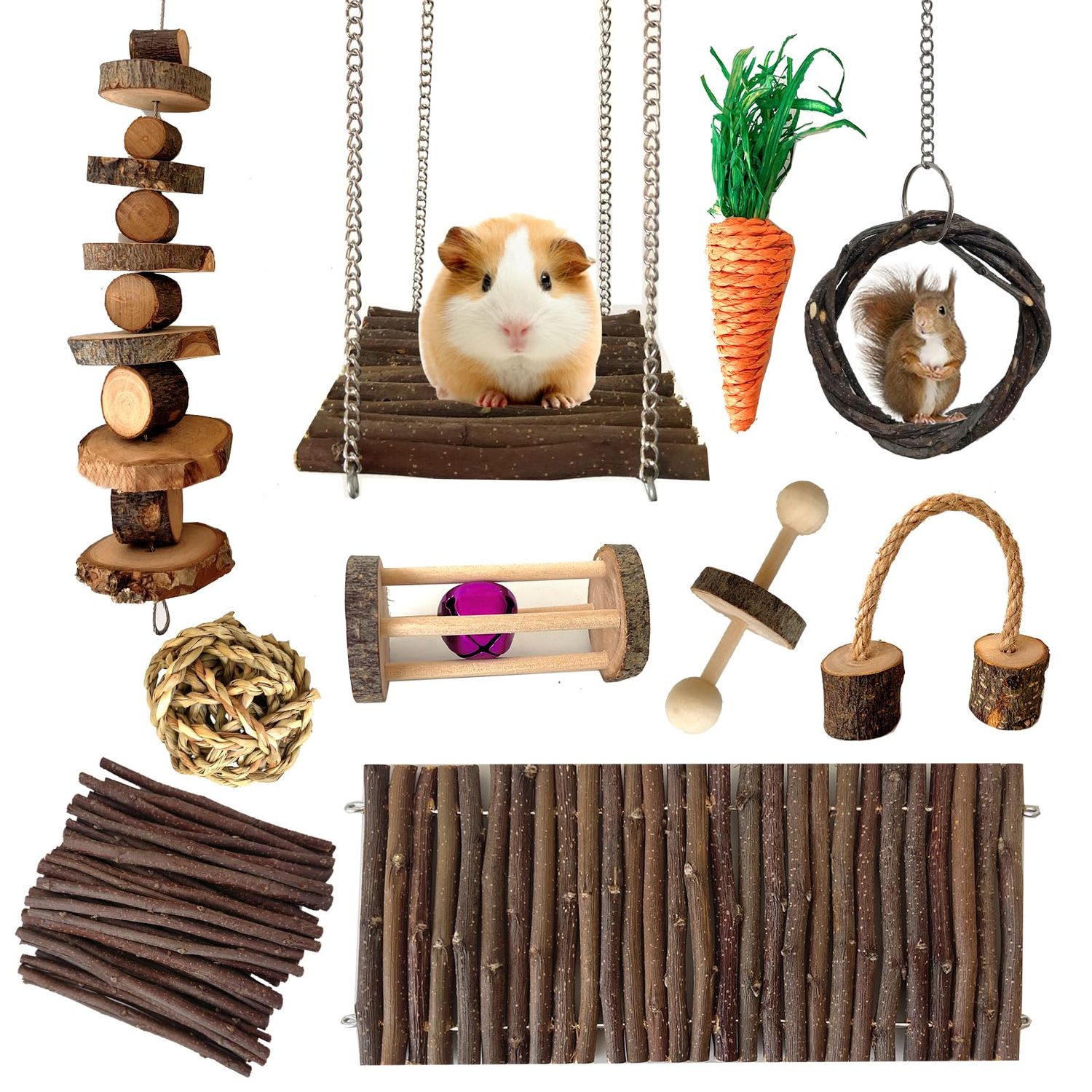 Syhemtya Chinchilla Toys Hamster Chew Toys Guinea Pig Toys Rat Toys Hamster Cage Accessories Small Animal Teeth Care Apple Wooden Accessories Set,Ball Ladder Bridge Swing Roller for Playground