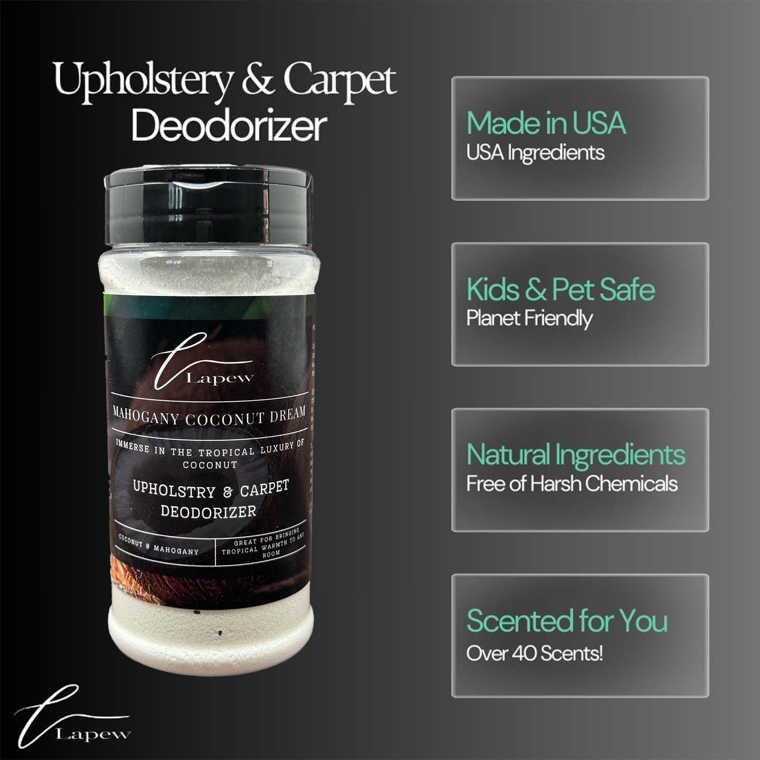 Lapew Mahogany Coconut Dream Carpet Freshener Powder: Powerful Odor Eliminator for Home, Upholstery Deodorizer, Carpet Deodorizer, Pet Urine, Cat Litter Box - Mahogany Coconut Dream Fragrance.