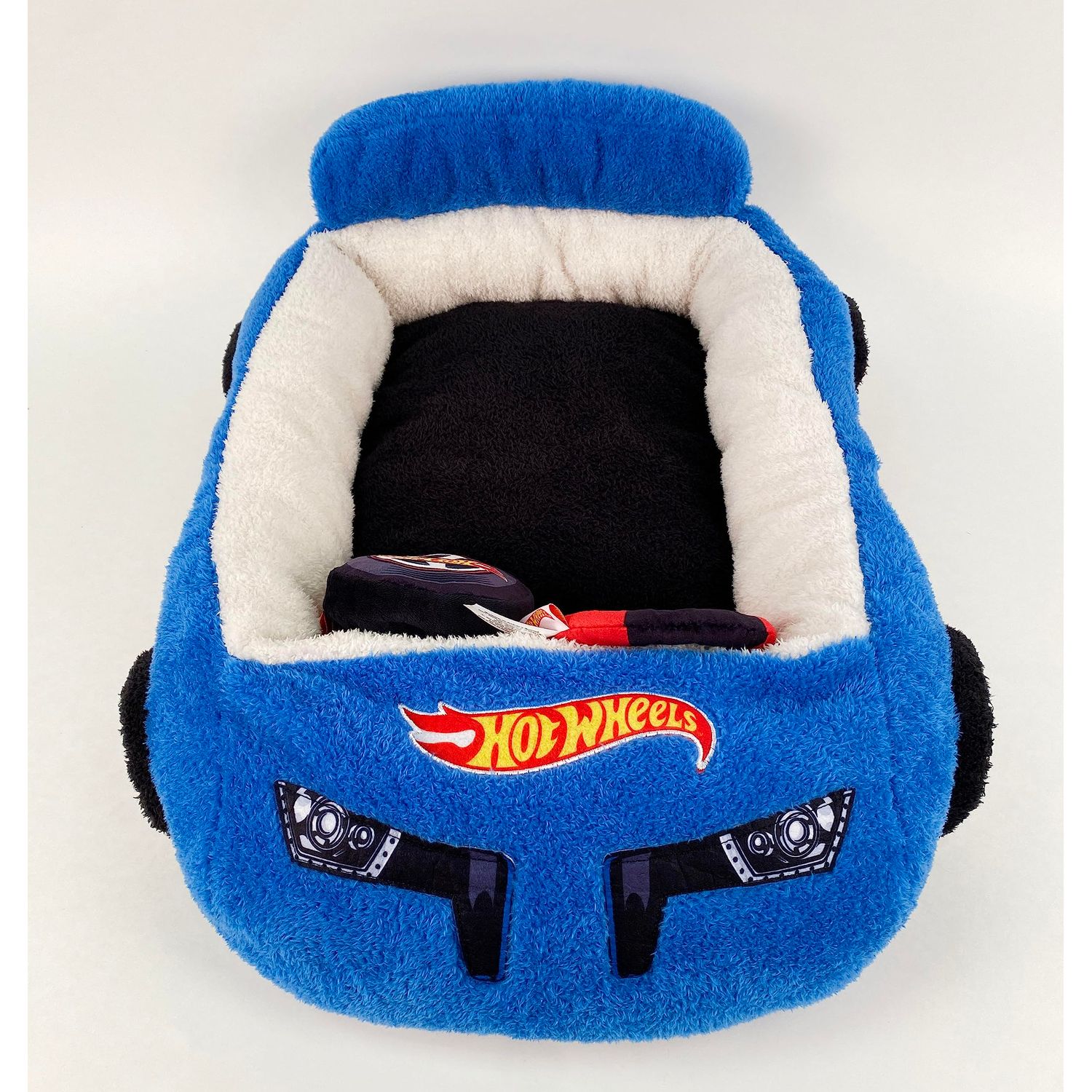 Megatoys Hot Wheels Plush Car Pet Bed- Themed Blue Plush Pet Bed for Dogs and Cats – Comfortable Pet Bed with Toy Steering Wheel and Tire, Car Design