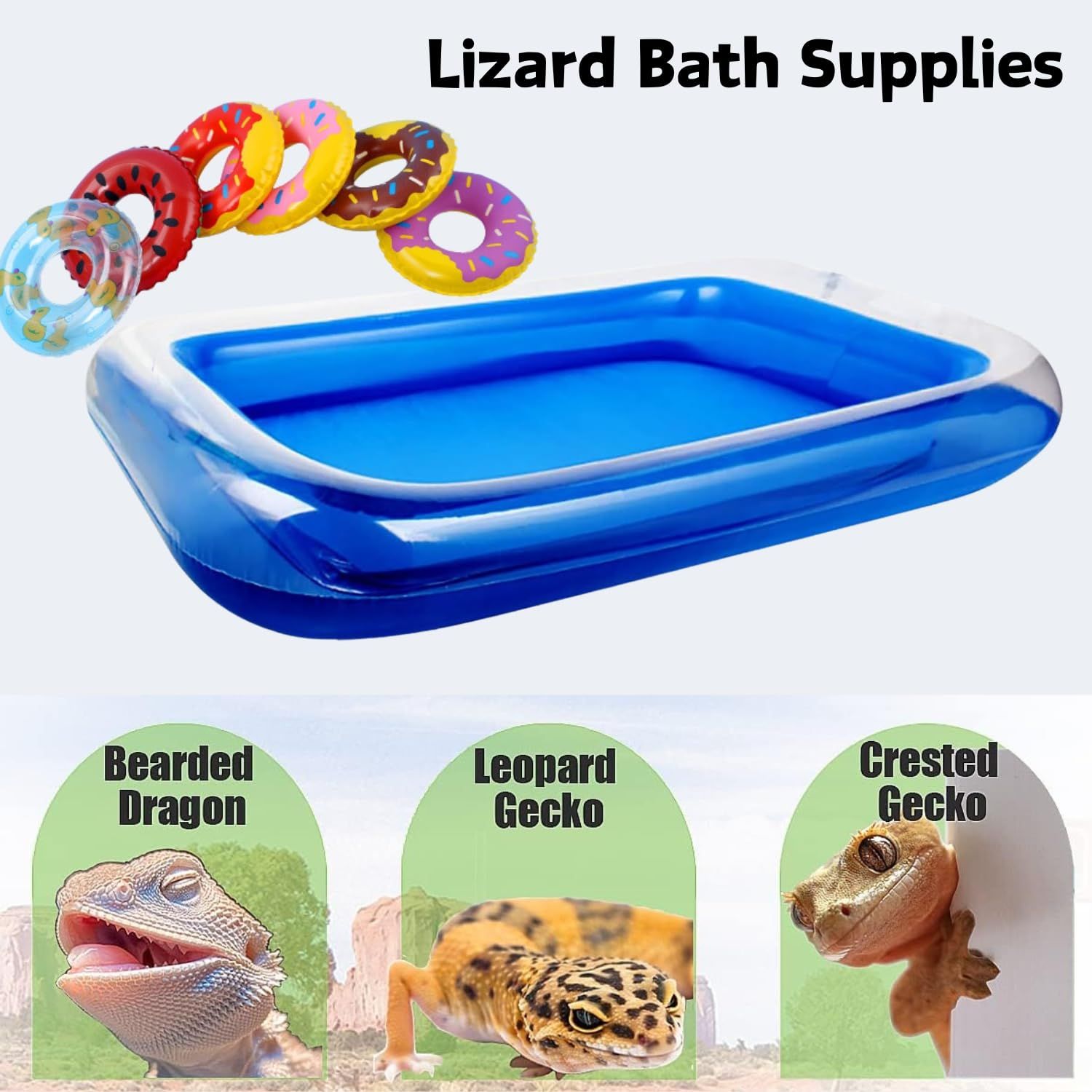 Lizard Bath Pool & Collar Rings Set - Inflatable Reptile Bathing Swimming Pool Bathtub Reptile Swim Float Ring for Leopard Gecko Amphibians Habitat Accessories Grooming Health Supplies (Blue)