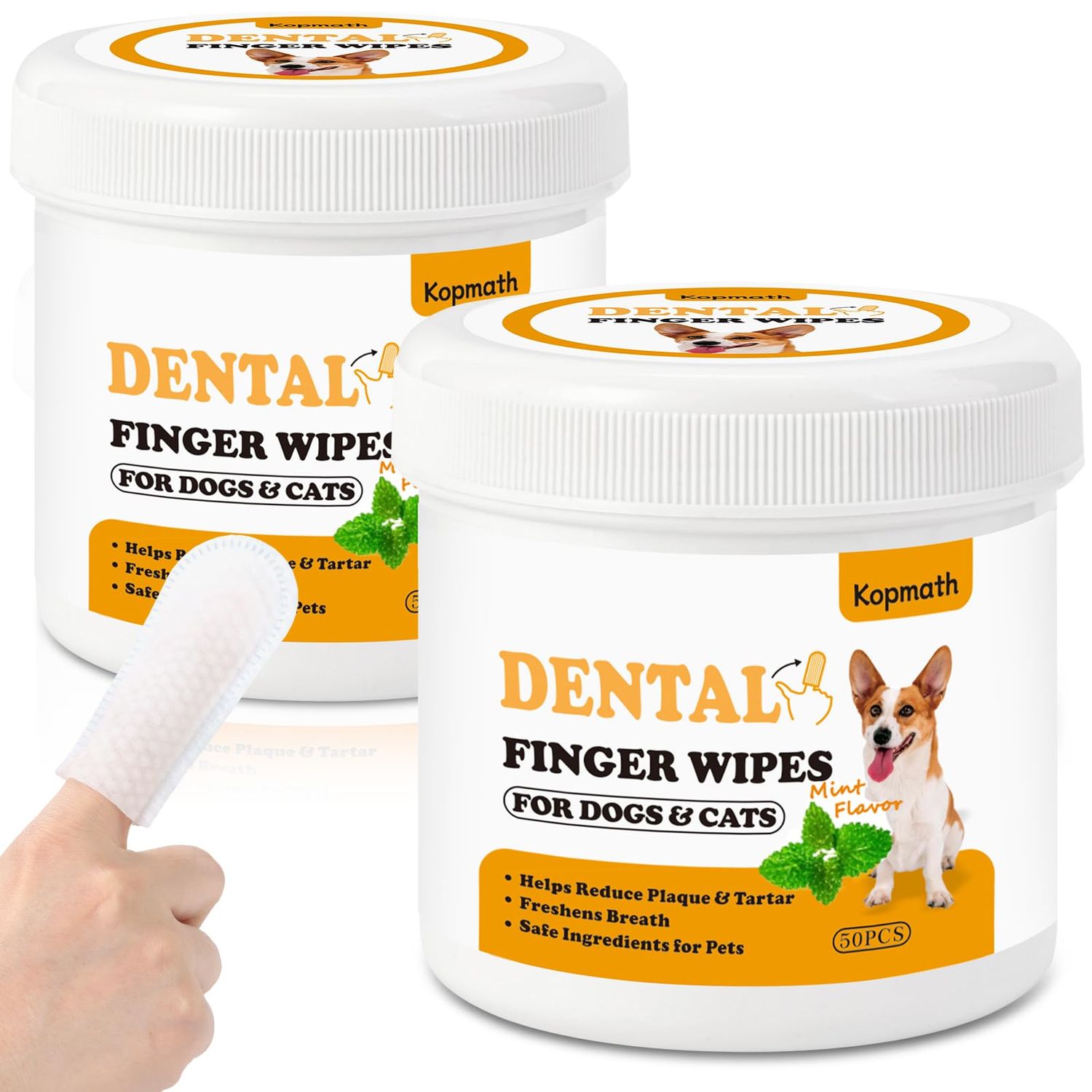 Kopmath Dental Care Finger Wipes for Dogs & Cats, Reduces Plaque & Tartar, Freshens Breath, Pre-Soaked Pet Teeth Wipes, Easy to Use Disposable Oral Cleaning Pads,Mint Flavor,100pcs