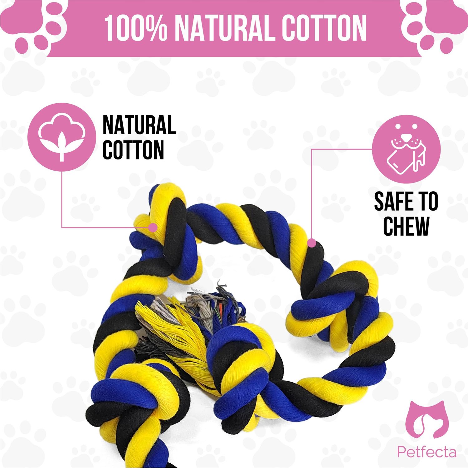 Petfecta- Dog Chew Toys - Indestructible Dog Toy for Aggressive Chewers, Natural Cotton Material, Promotes Dental Health, Extra Long & Durable, Indoor & Outdoor Play, Bright Yellow & Blue