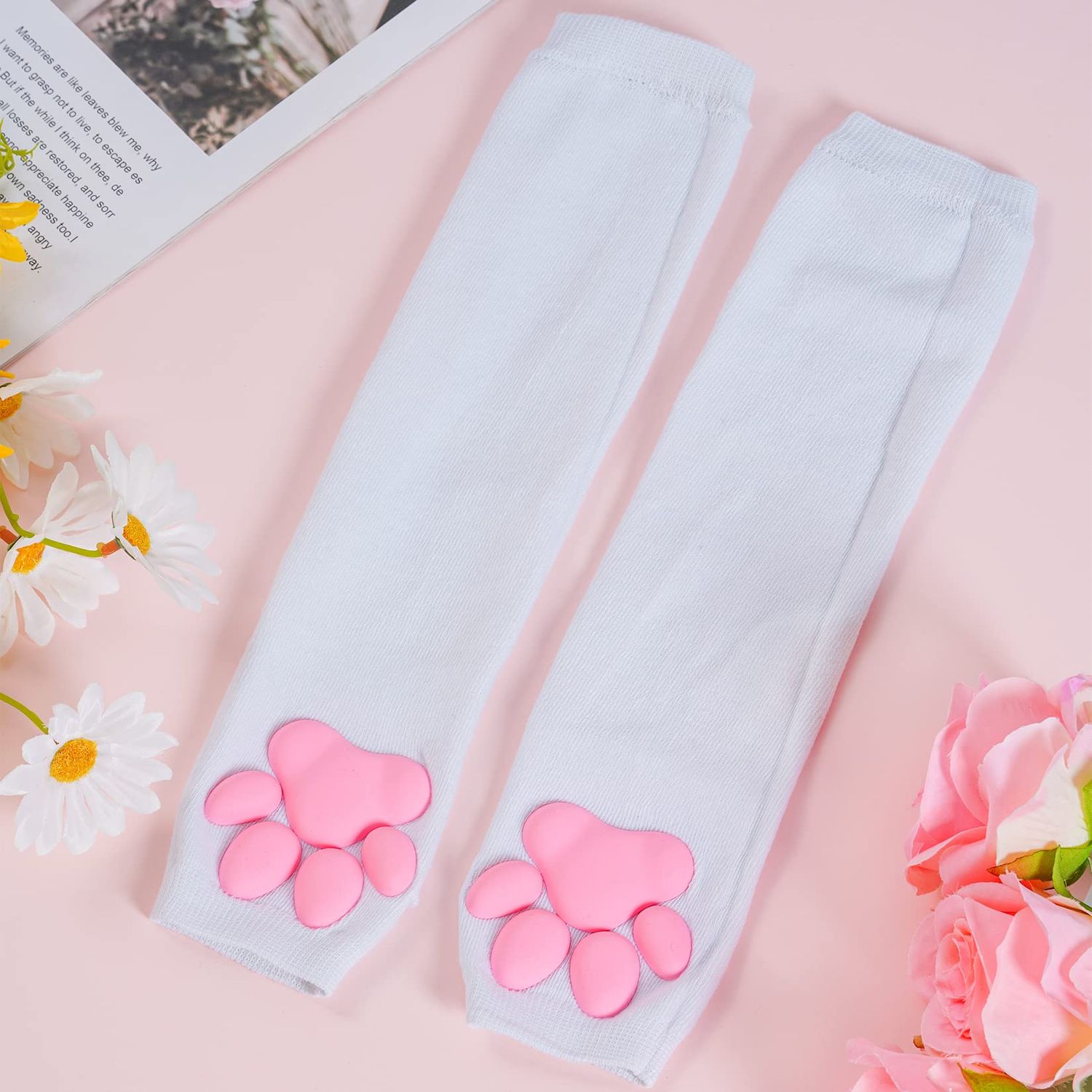 Nydotd Cat Paw Pad Mittens Gloves Kawaii Pink 3D Claw Fingerless Cute Cat Cosplay Gloves Sleeve for Girls Halloween Party (White, Long)
